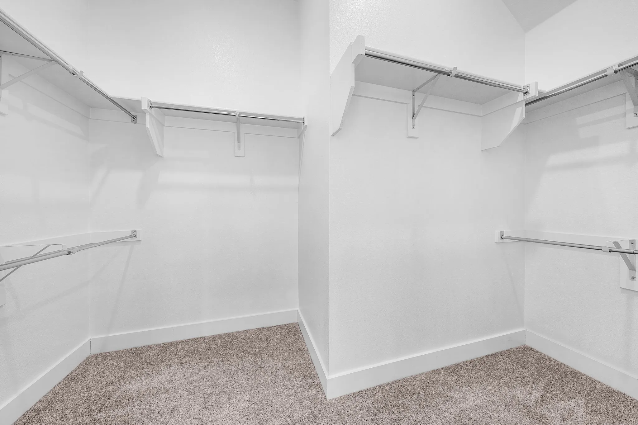 Walk-in closet featuring white walls, carpeting, and multiple built-in shelving units with hanging rods