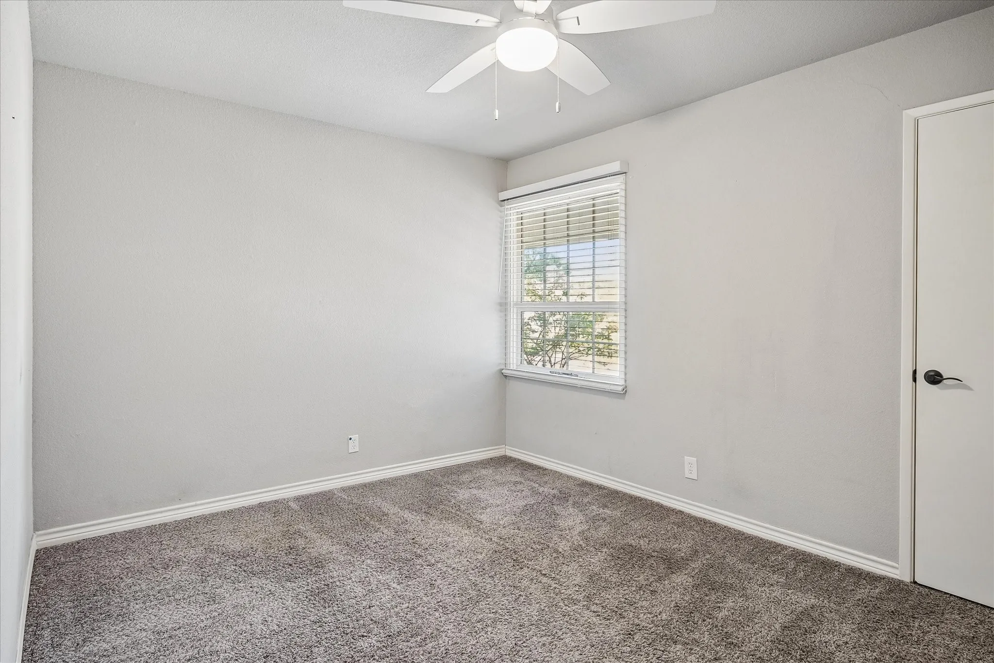 Neutral-toned walls complement the gray carpeting