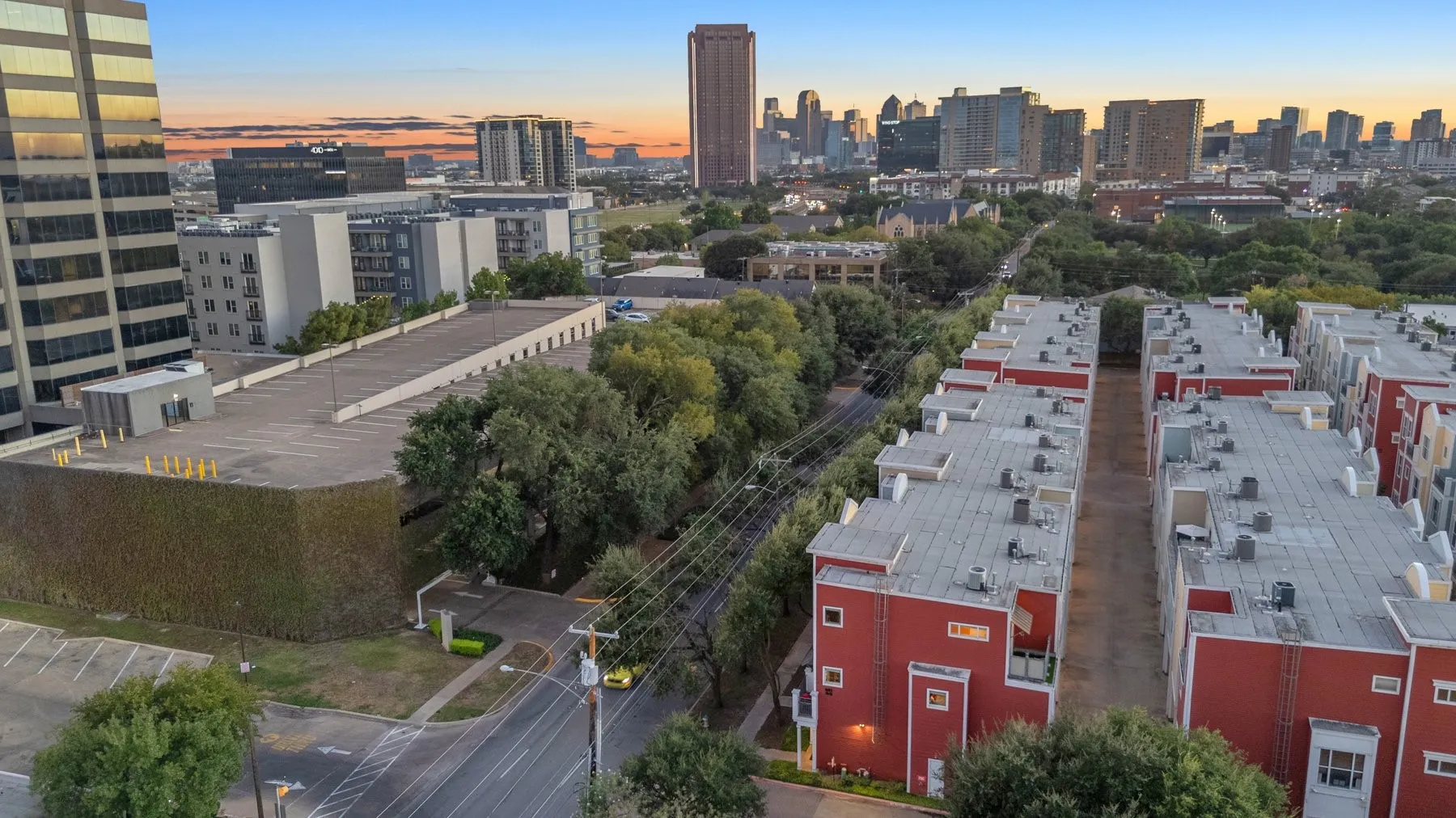 Aerial view toward the Dallas skyline showing the Uptown location