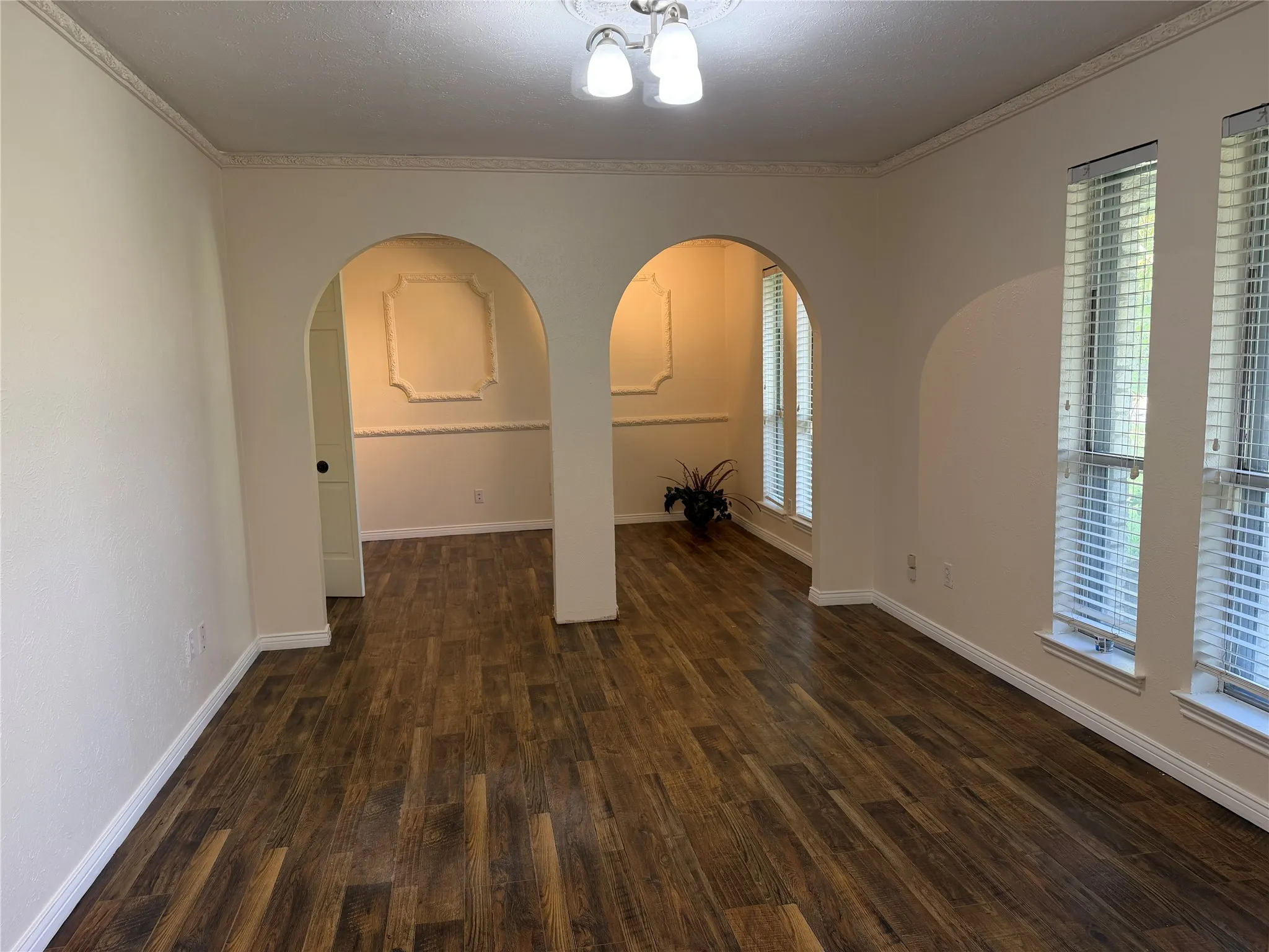 Wood-finish flooring throughout, decorative arched doorways, multiple windows with horizontal blinds, decorative wall molding, and crown molding
