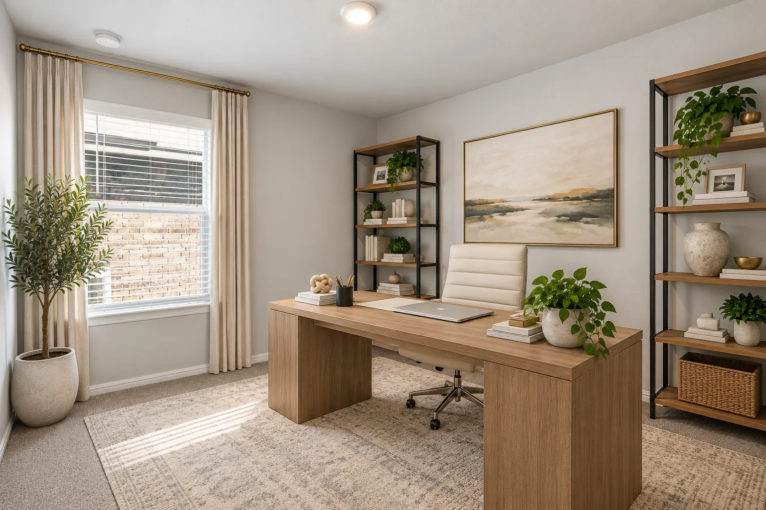 Recessed lighting illuminates a spacious room featuring wall-to-wall carpeting and a window with blinds and drapes