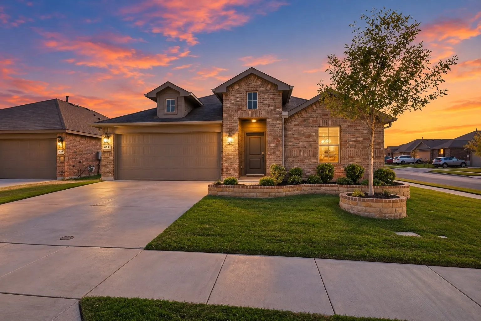 Brick exterior with stone accents, attached garage, concrete driveway, and a landscaped front yard with a stone-edged planting bed