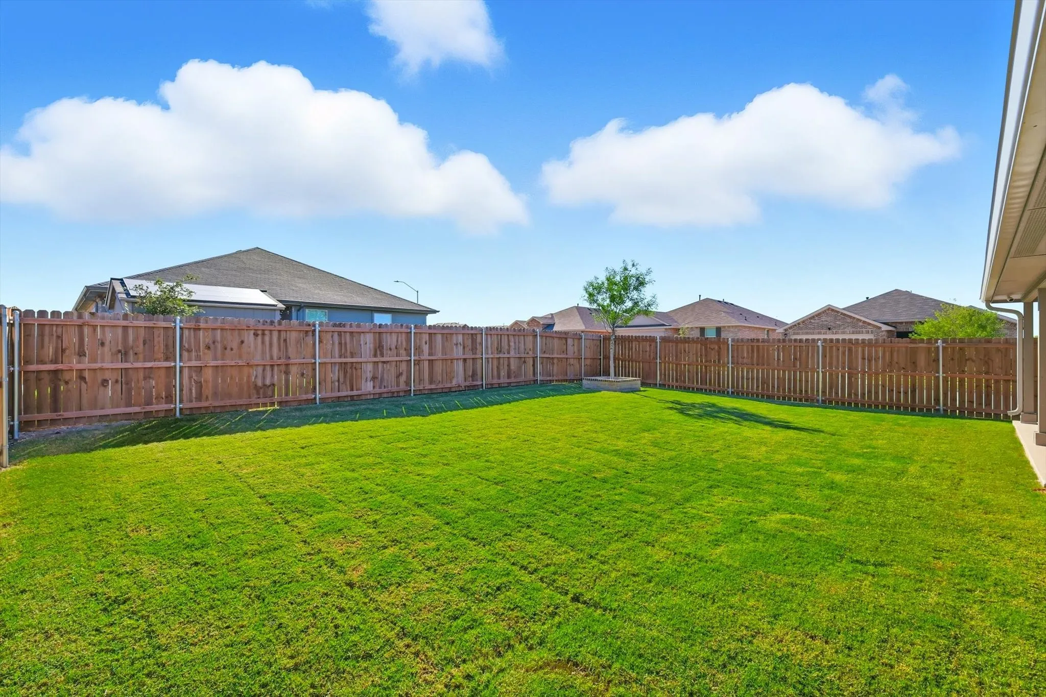 Expansive backyard featuring a manicured lawn, full wood privacy fencing, and a small tree