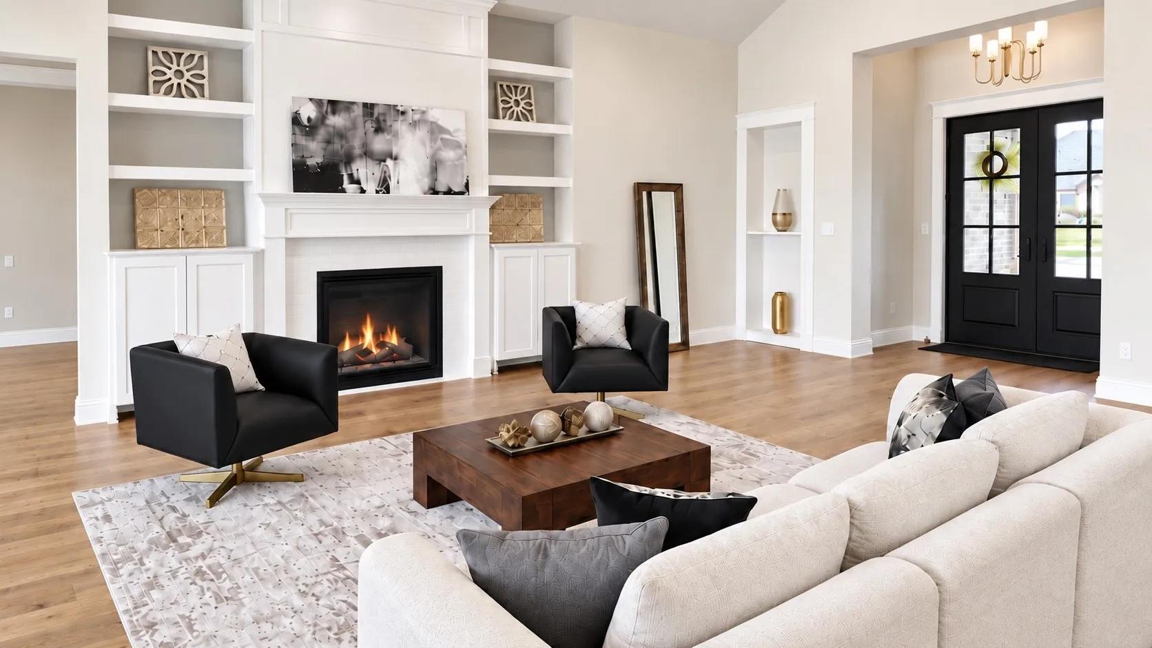 Built-in shelving and cabinetry flank a fireplace with a mantel