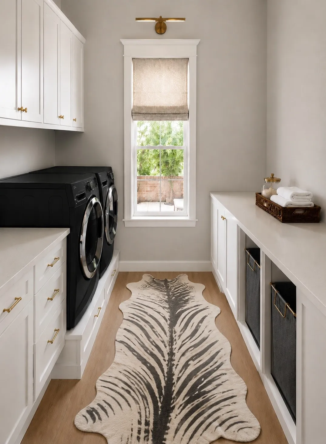 White shaker-style cabinetry with gold-tone hardware, wood-finish flooring, and a single window with trim