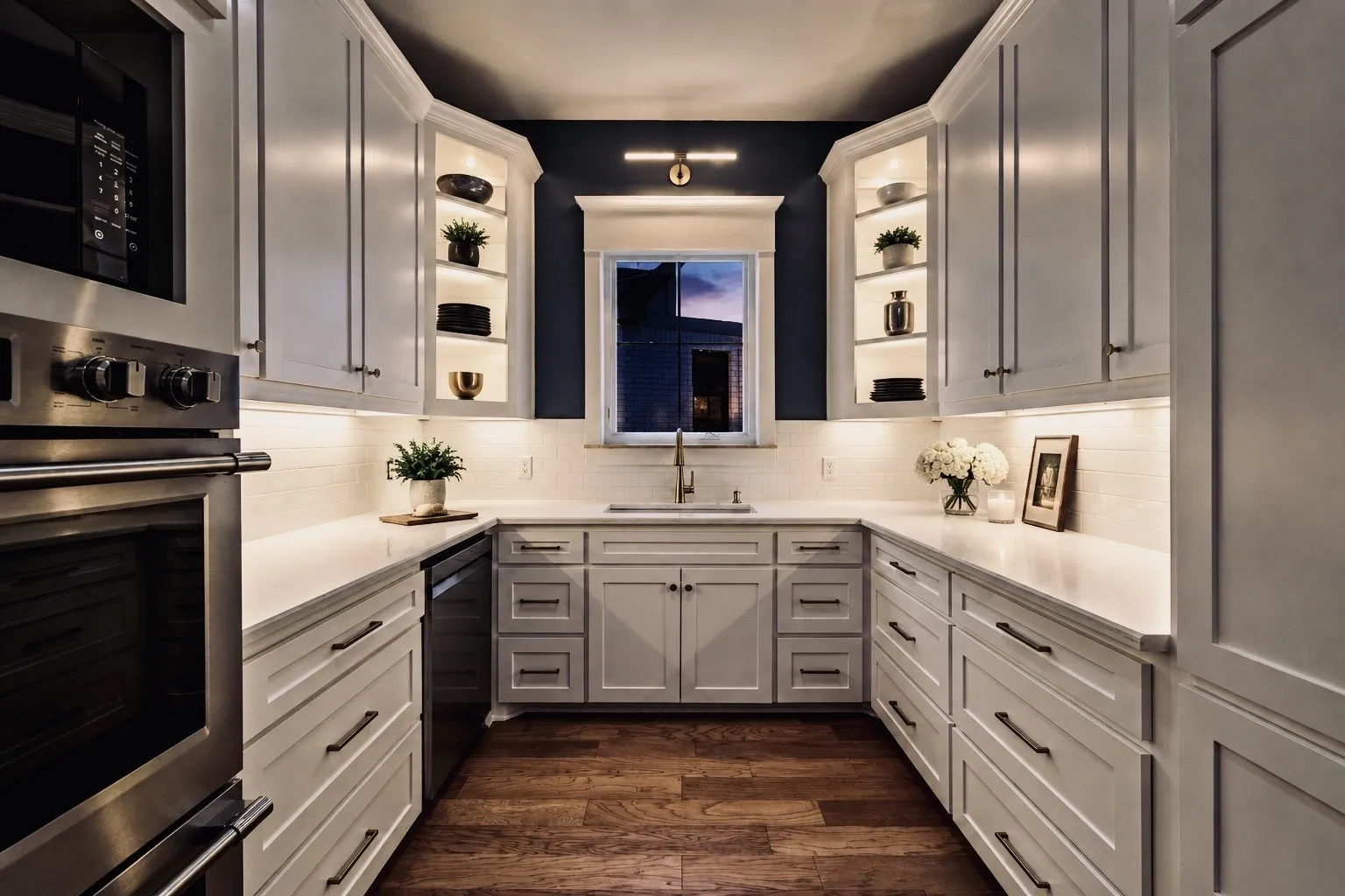 U-shaped kitchen with white shaker cabinetry, stainless steel appliances, wood-finish flooring, white subway tile backsplash, and under-cabinet lighting