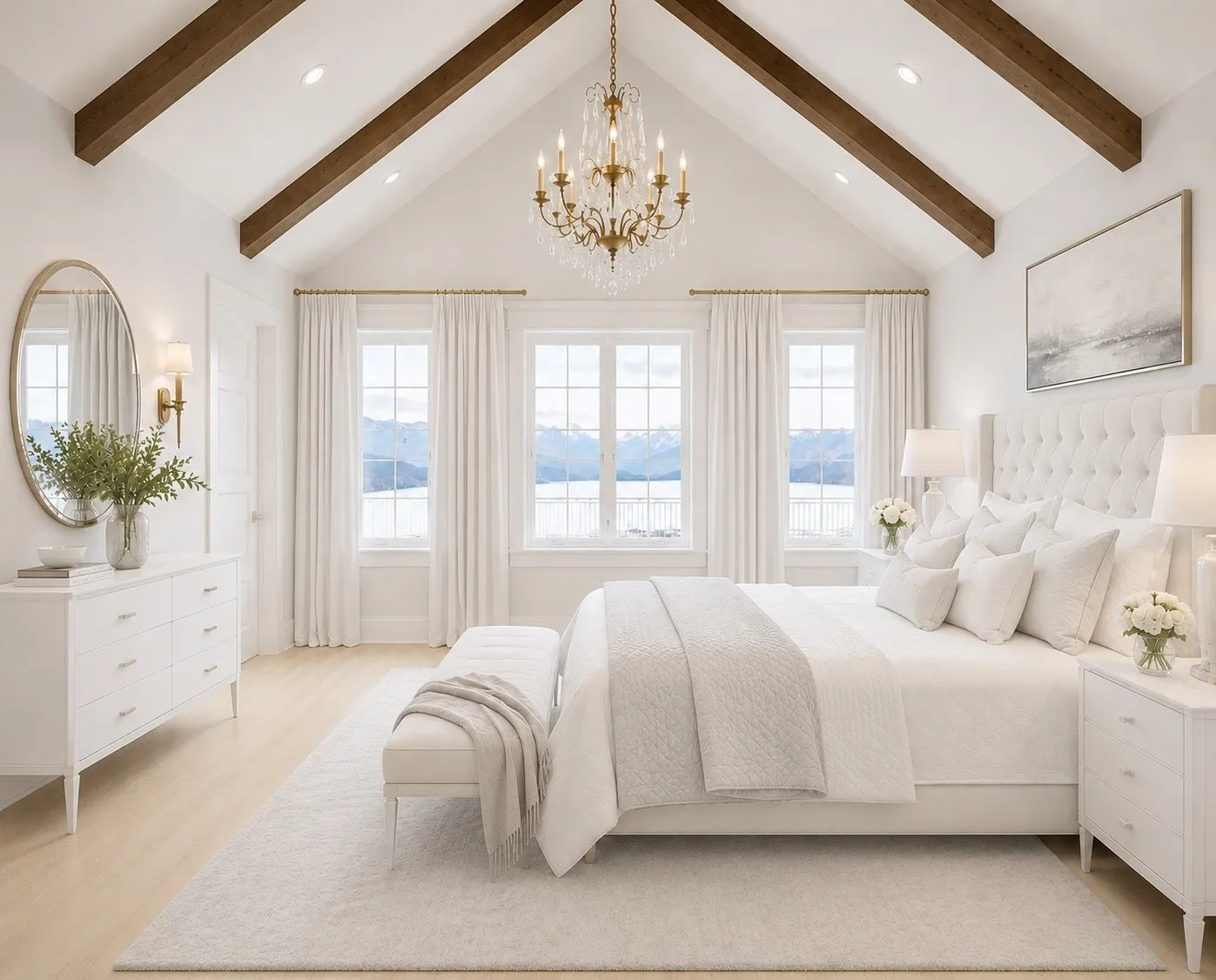 Vaulted ceiling with exposed wood beams, multiple large windows, wood-finish flooring, recessed lighting, and a decorative chandelier