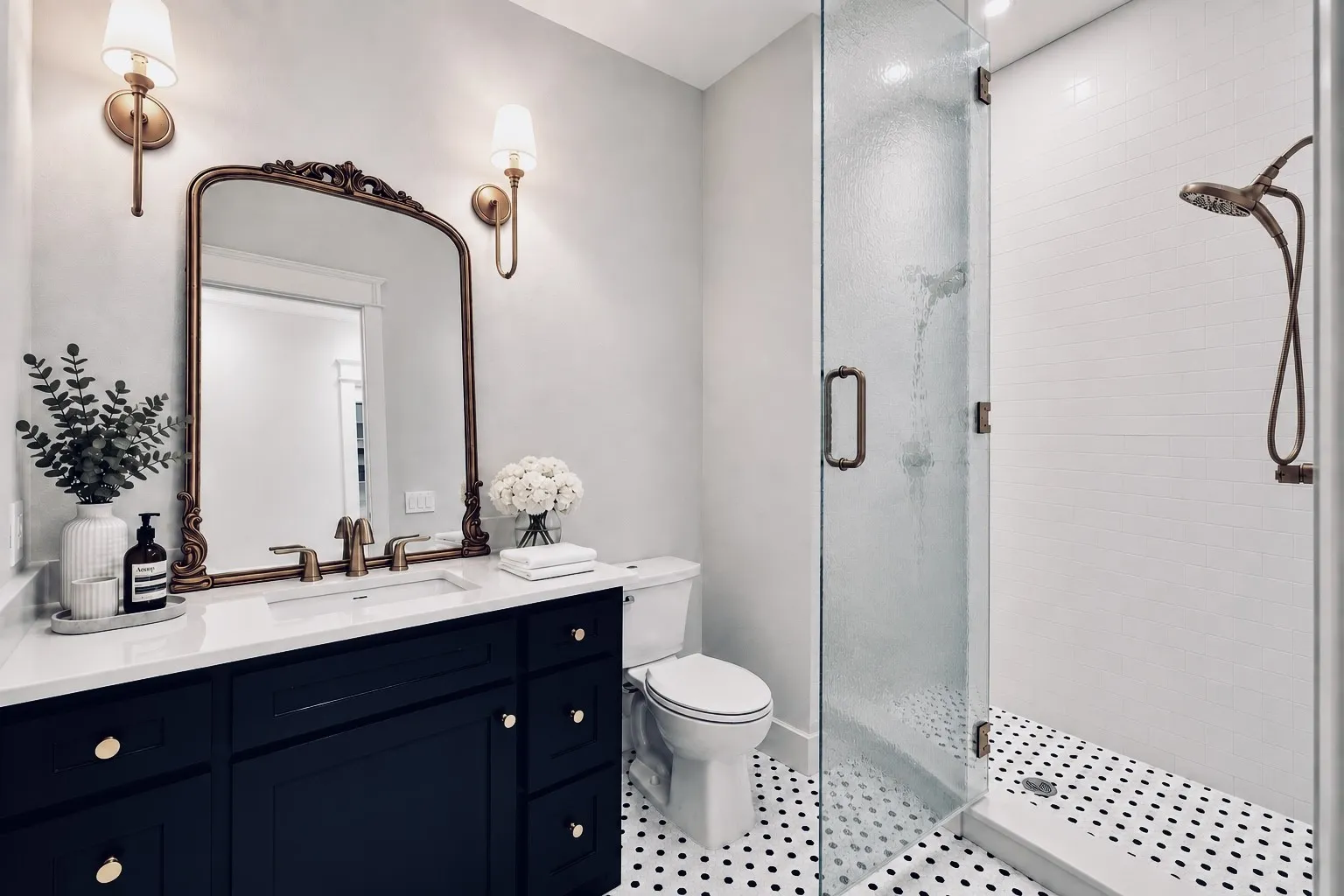 Dark vanity with integrated sink and brass fixtures, framed mirror with wall sconces, glass-enclosed shower, white subway tile shower surround, and black and white penny tile flooring