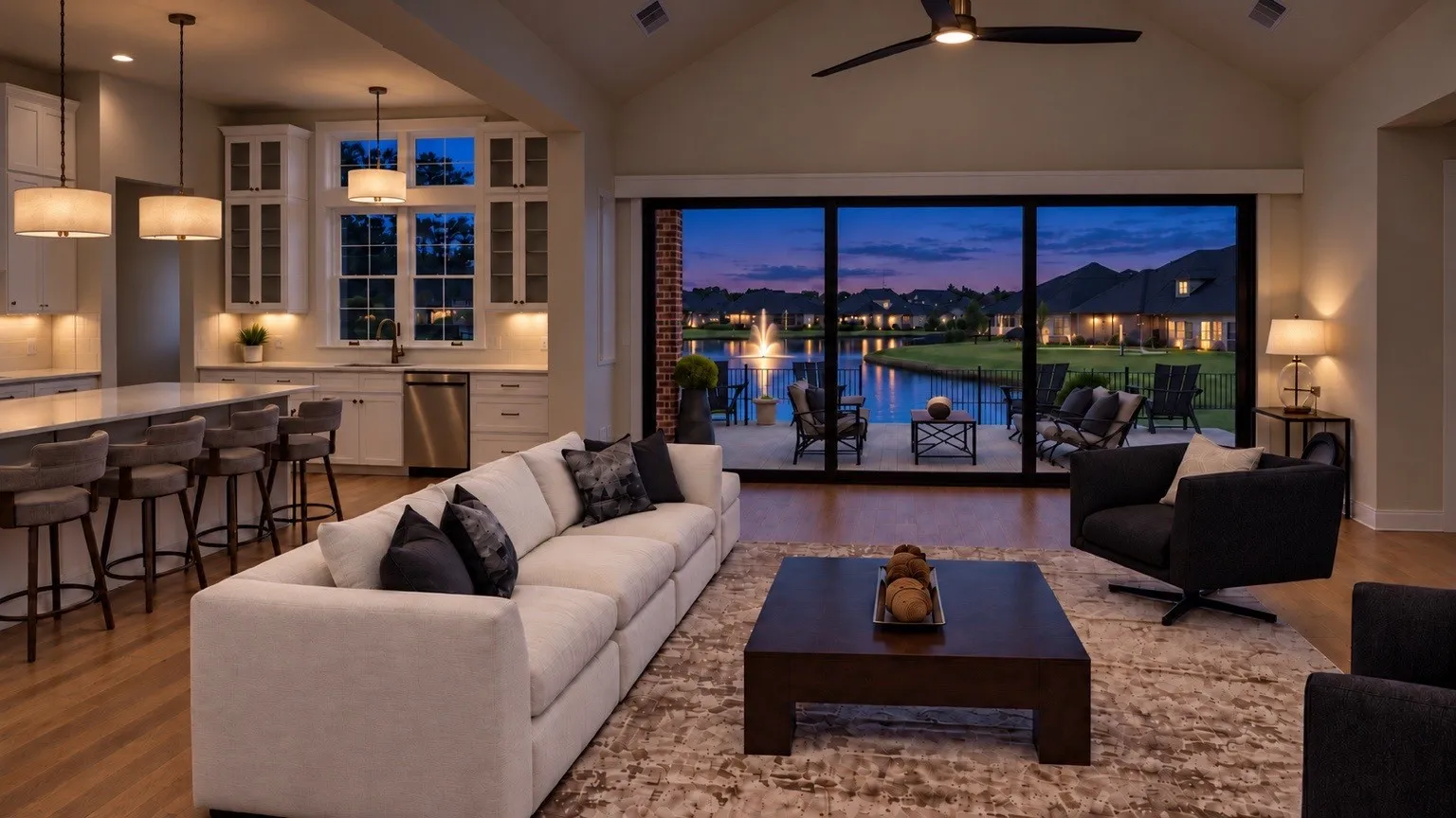 Vaulted ceiling with a ceiling fan, wood-finish flooring, full wall glass doors, a patio with outdoor seating, and a body of water