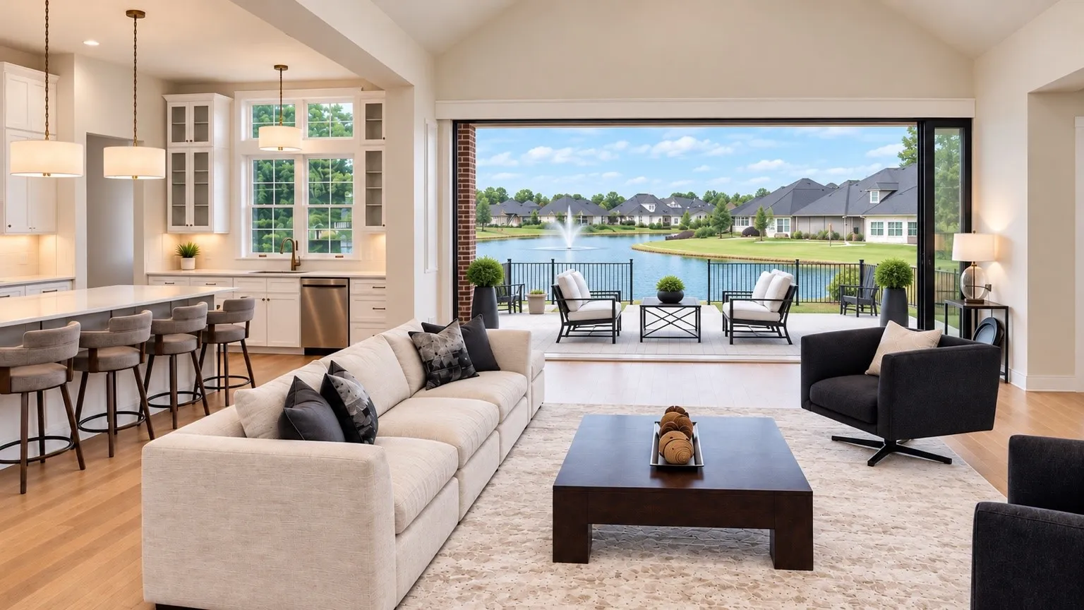 Open concept living area with vaulted ceilings, wood-finish flooring, and a gourmet kitchen featuring white cabinetry and stainless steel appliances