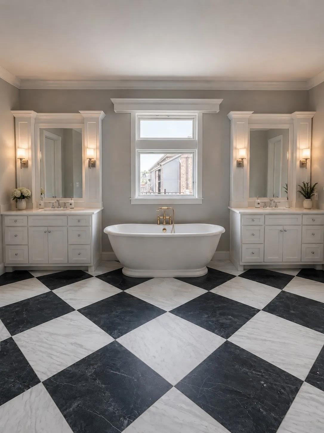 Black and white checkerboard flooring complemented by dual vanities with integrated sinks