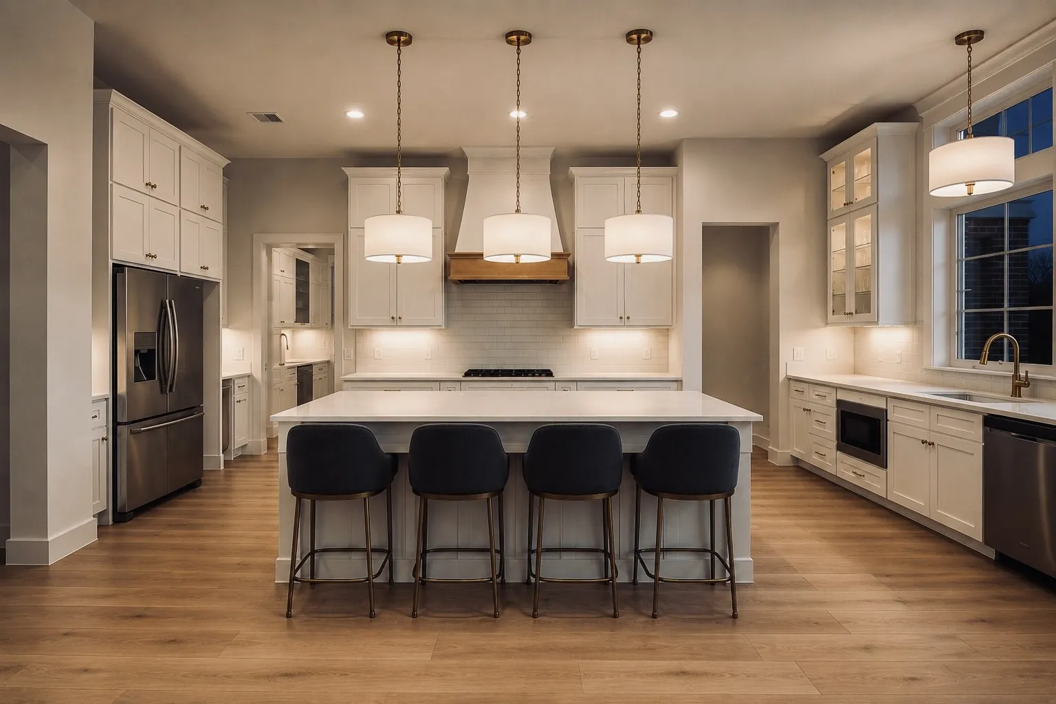 Gourmet kitchen with wood-finish flooring, white cabinetry, a large island with seating, a stainless steel refrigerator, and recessed lighting