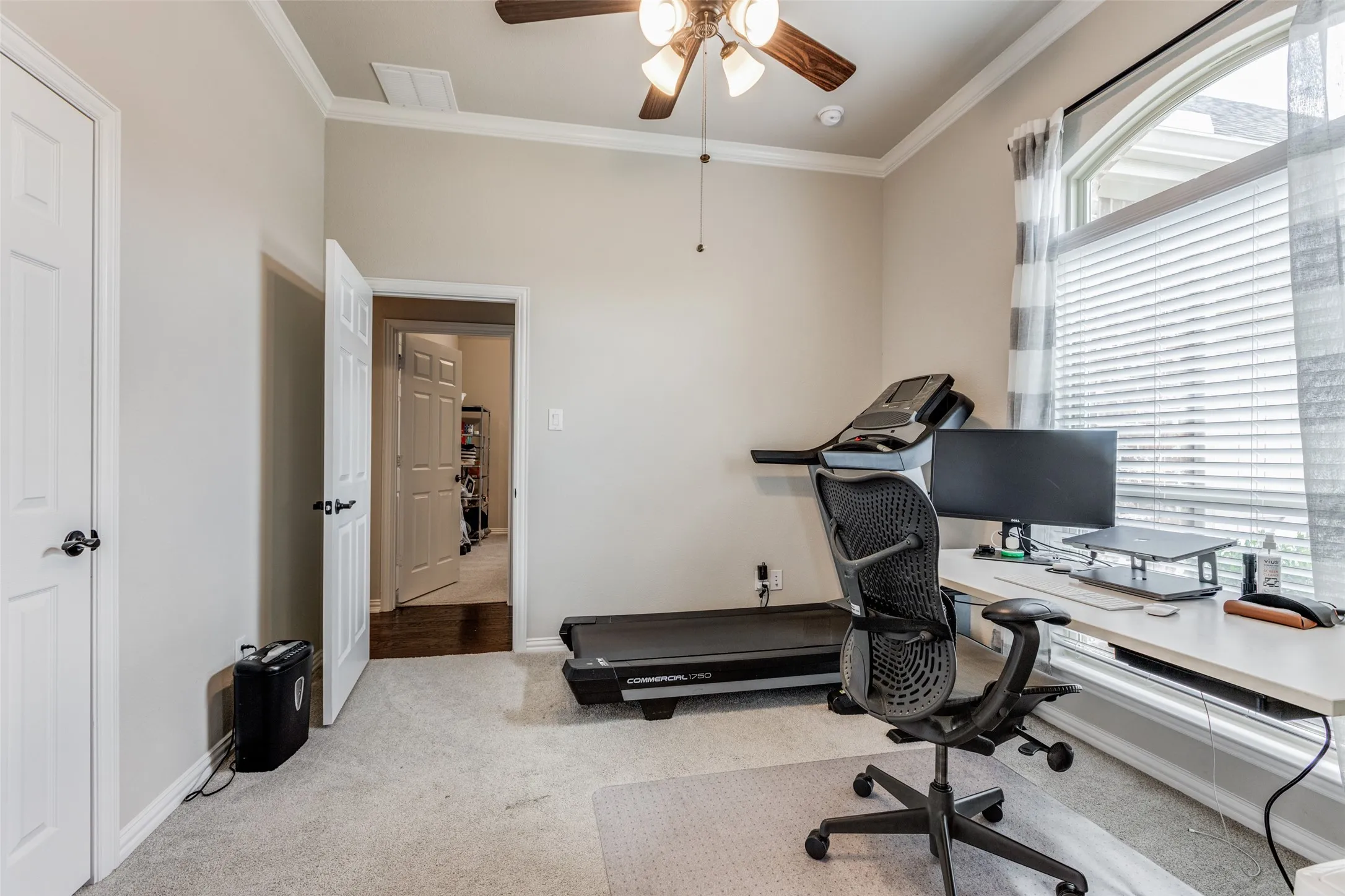 Carpeted room with vaulted ceiling, crown molding, and a ceiling fan