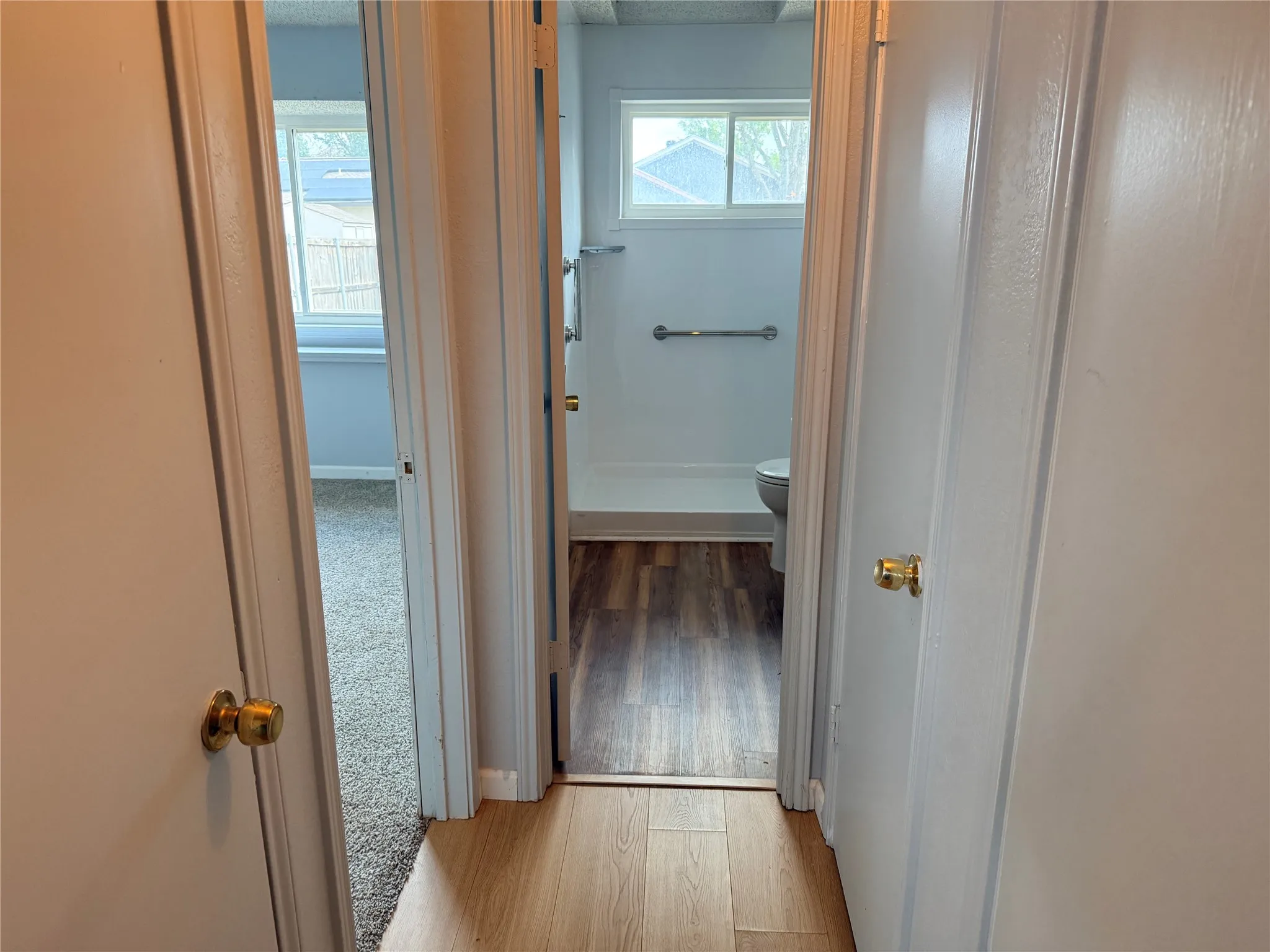 Wood-finish flooring in hallway with brass door hardware