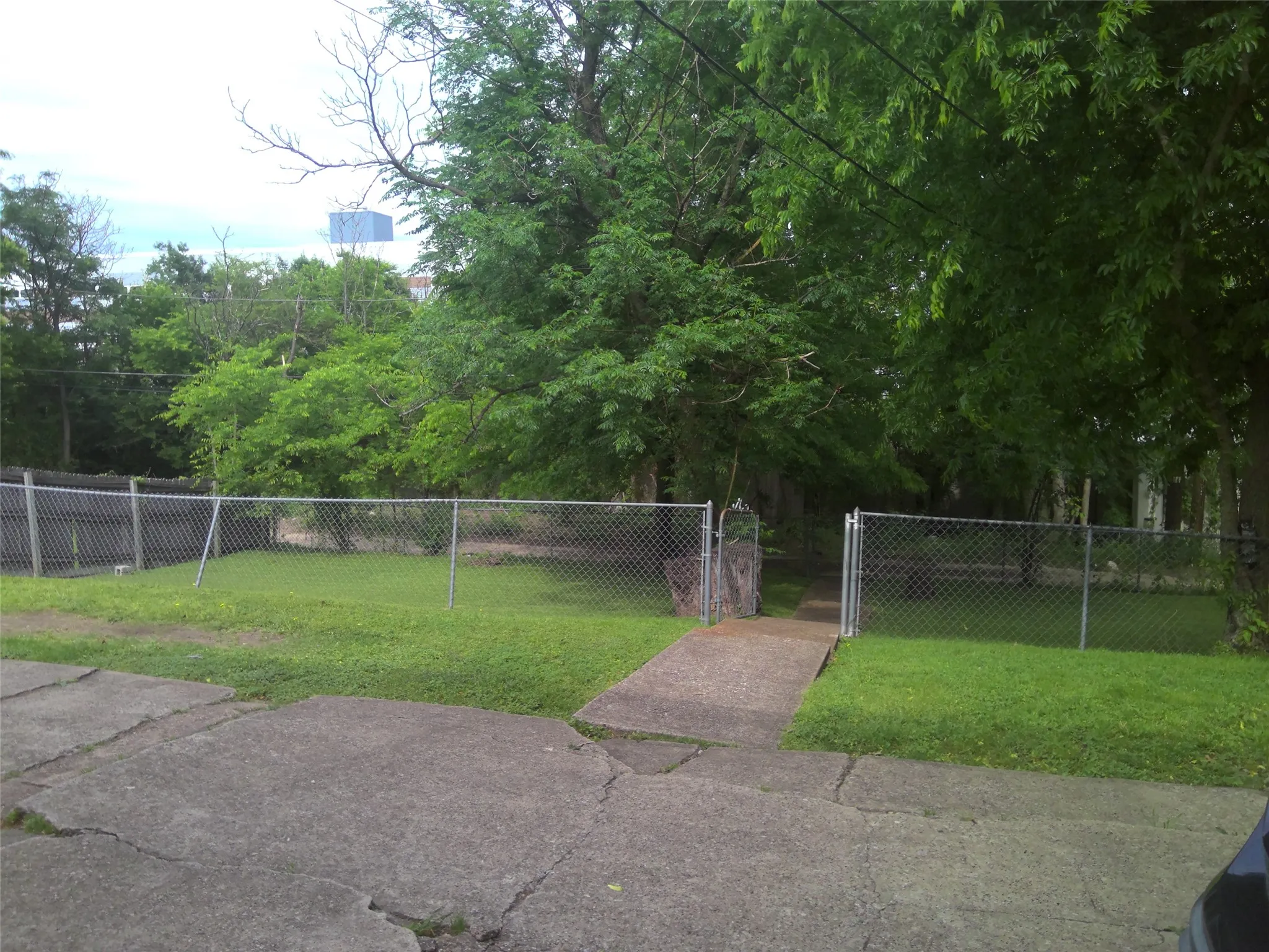 Large tree-shaded fenced backyard