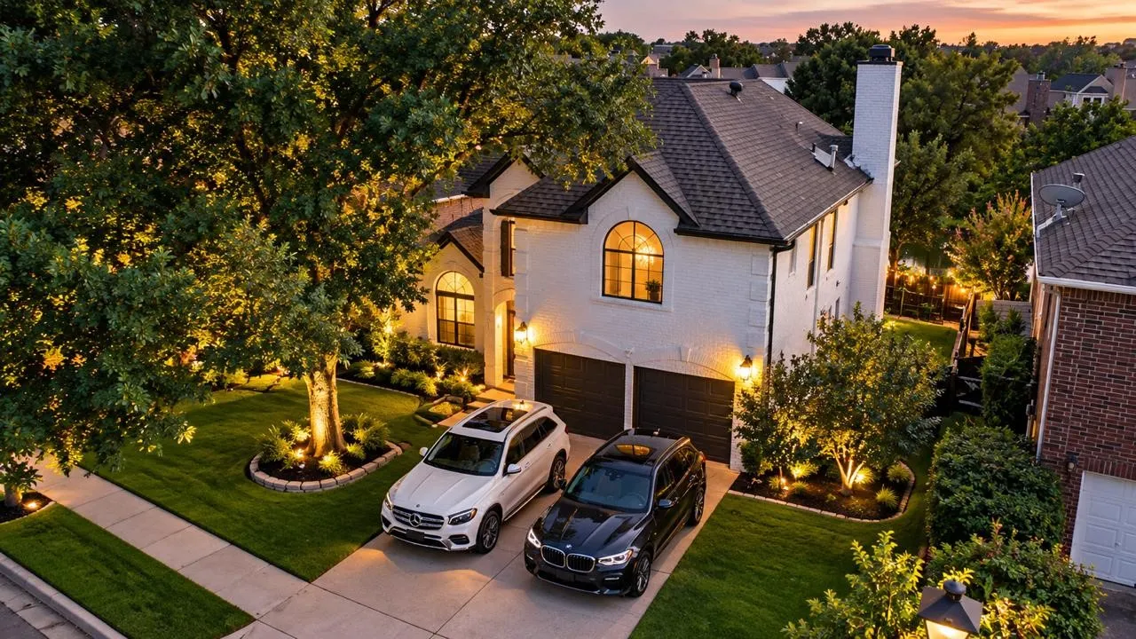 White exterior residence with a dark shingle roof, arched windows, and a two-car garage