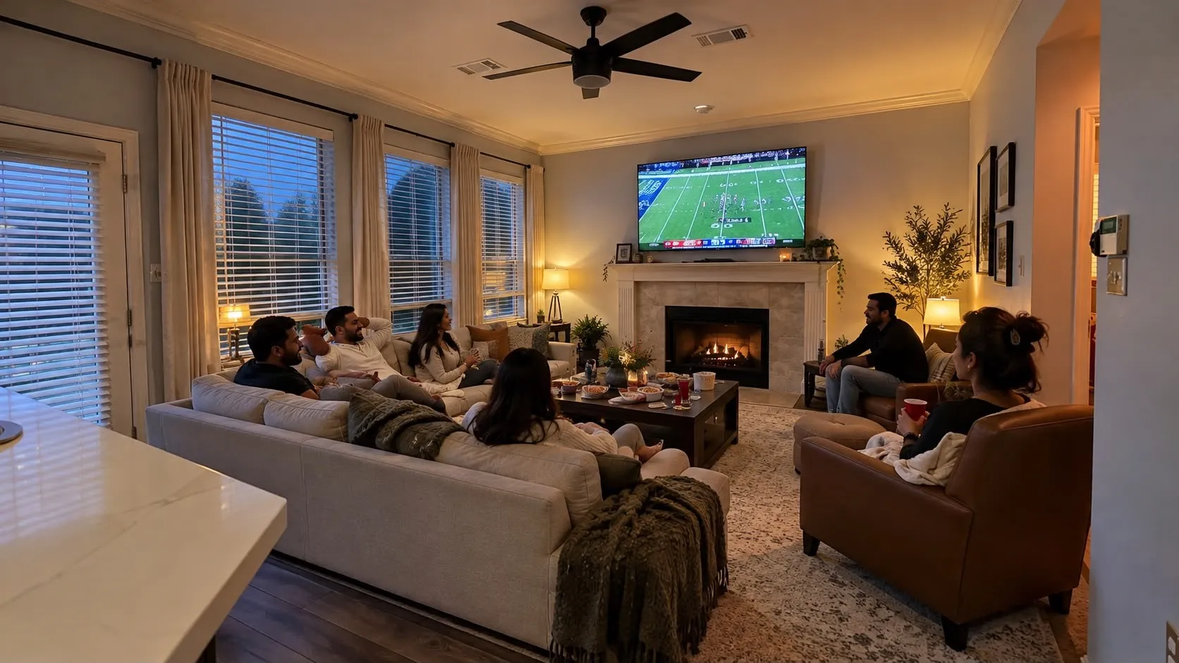 Living area with a ceiling fan, recessed lighting, and a fireplace with a stone surround