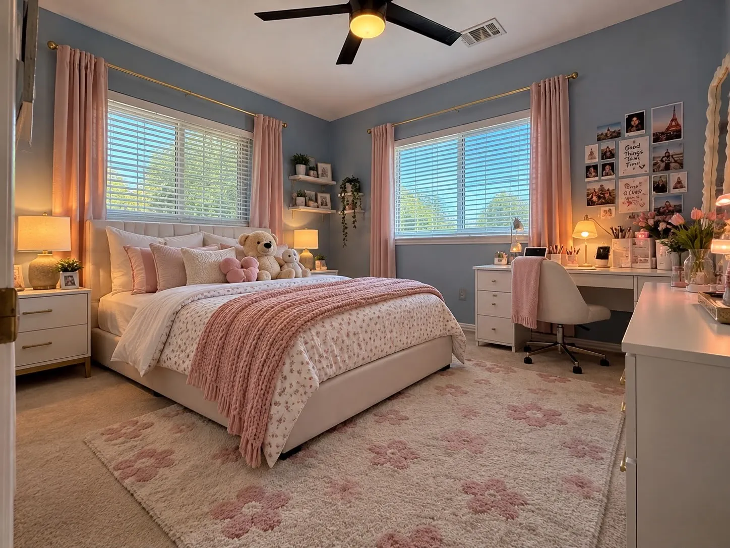 Carpeted room featuring two windows with blinds, a ceiling fan, and built-in wall shelving
