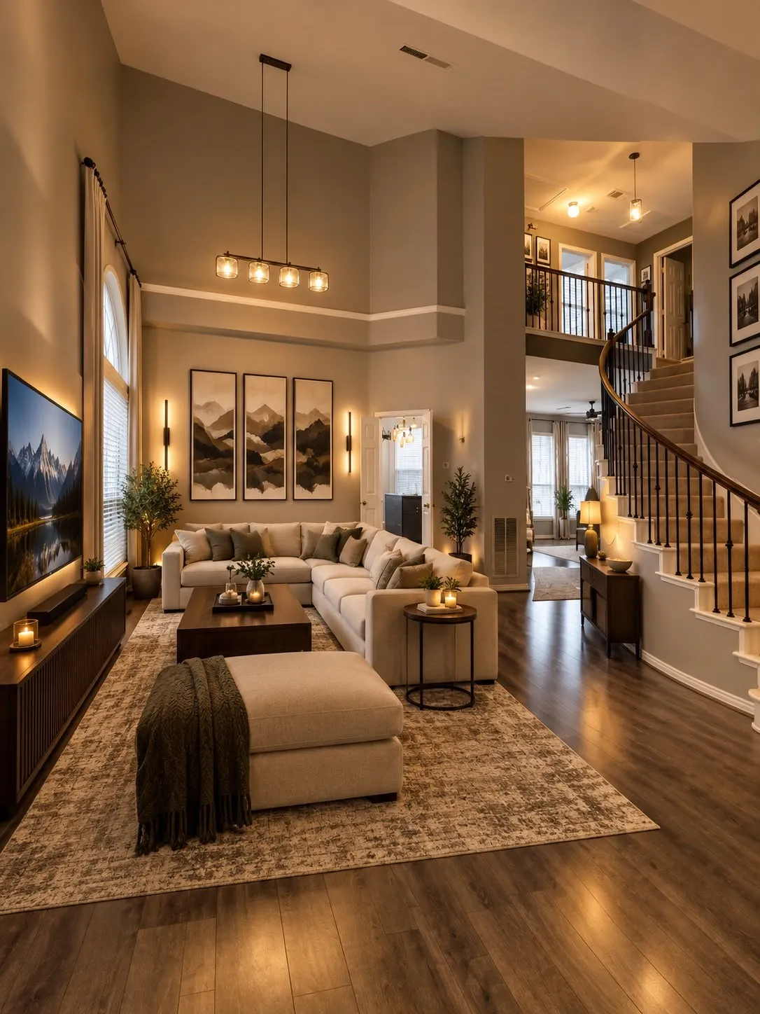 Two-story living area featuring a vaulted ceiling with a linear chandelier, wood-finish flooring, and an open staircase with dark metal balusters