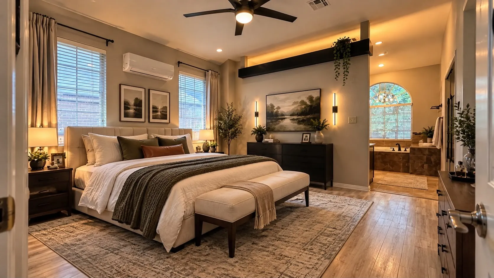 Recessed lighting, wood-finish flooring, ceiling fan, built-in tub with tile surround, and an arched window