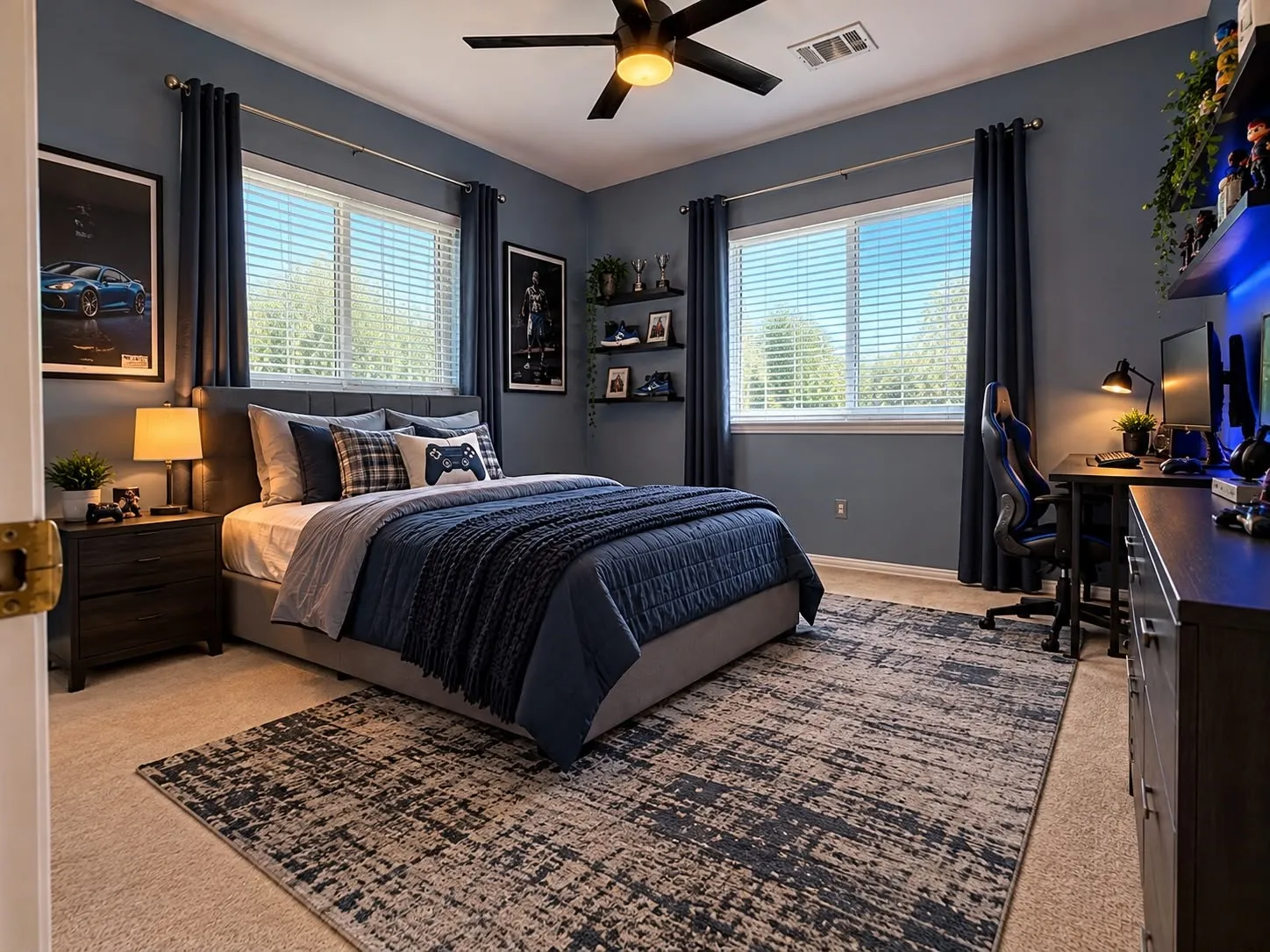 Carpeted flooring, two windows with blinds, ceiling fan with integrated lighting, built-in shelving, and a dark wood-finish desk