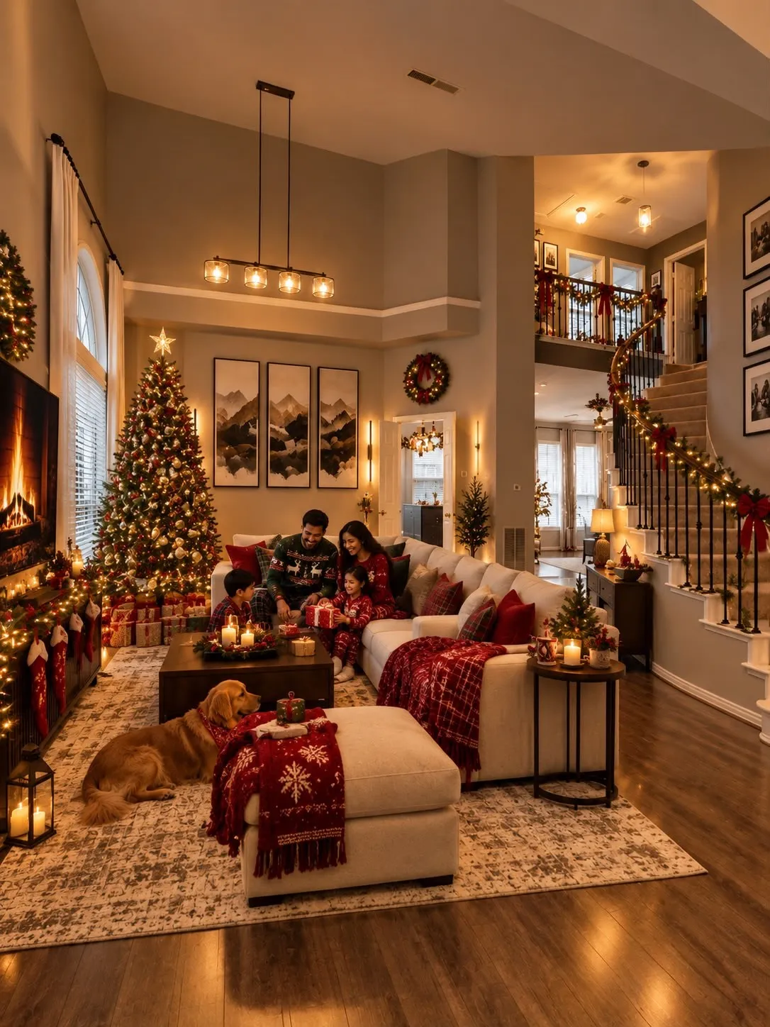 Spacious living area featuring wood-finish flooring, a two-story ceiling, and a prominent staircase with dark iron balusters
