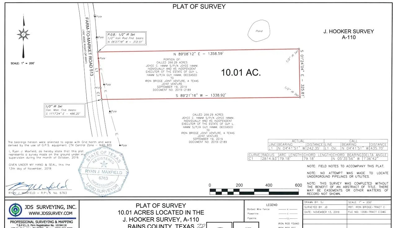 Plat of Survey. Illustrating boundary lines, dimensions, and acreage of the property.