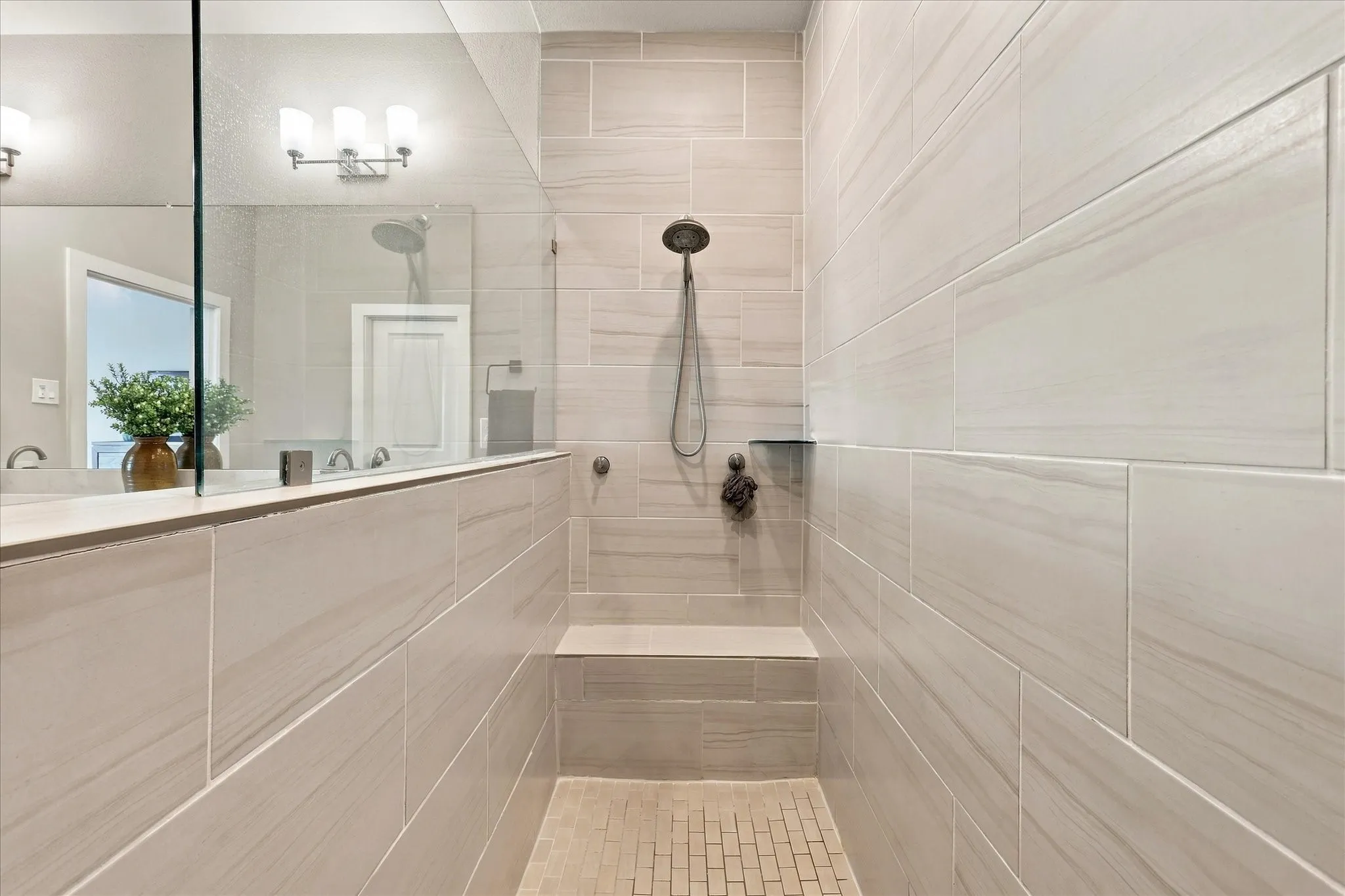 Amazing walk-in shower with dual heads & seat -1 rain shower head.
