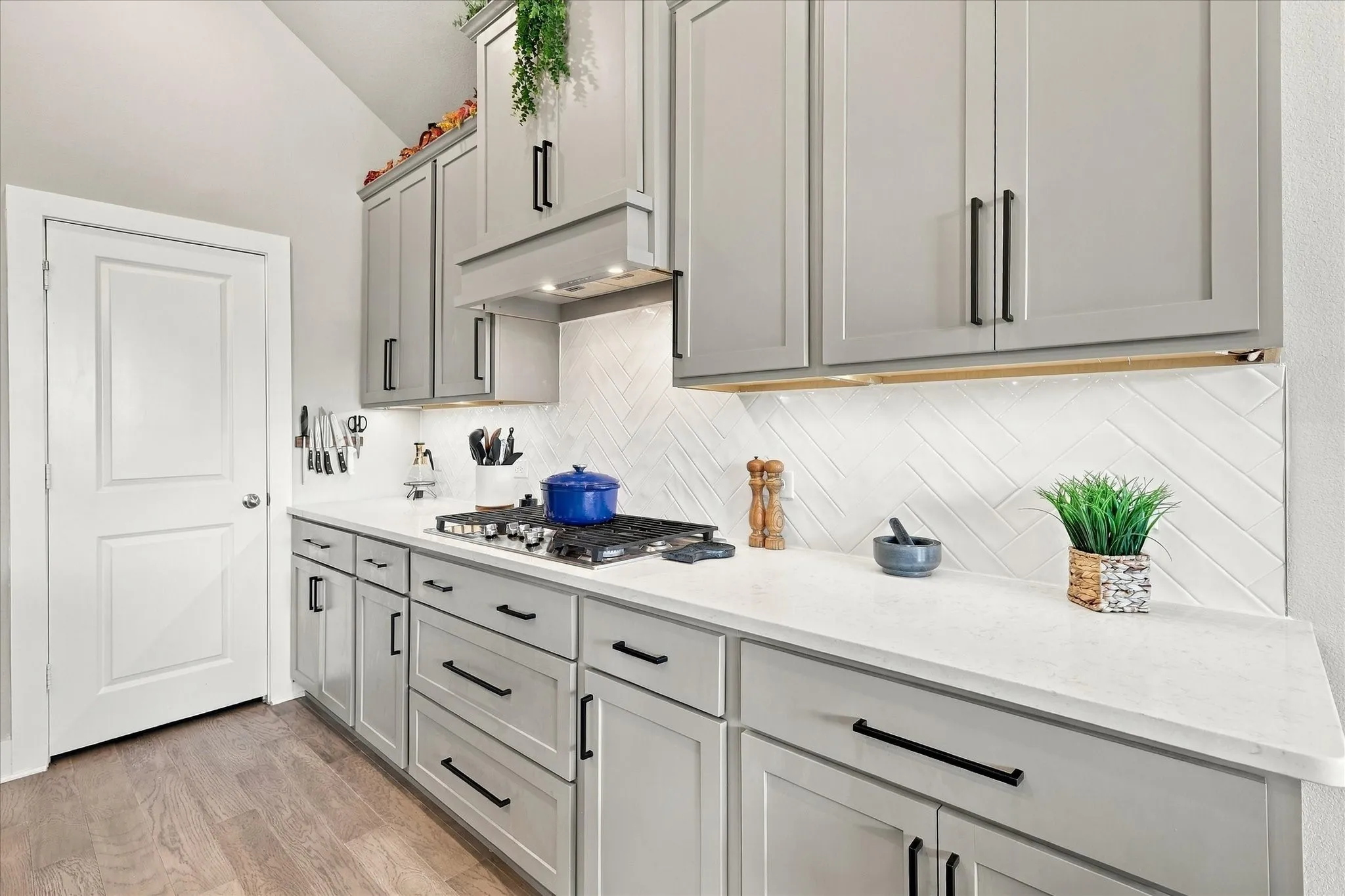 Lots of quartz countertop & plenty of cabinet storage.