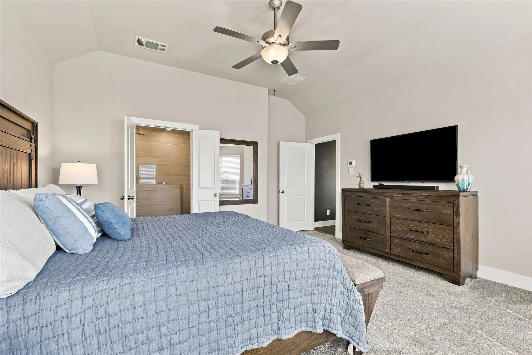 Large Main Br with high ceiling. Furniture can remain with full price offer if desired.