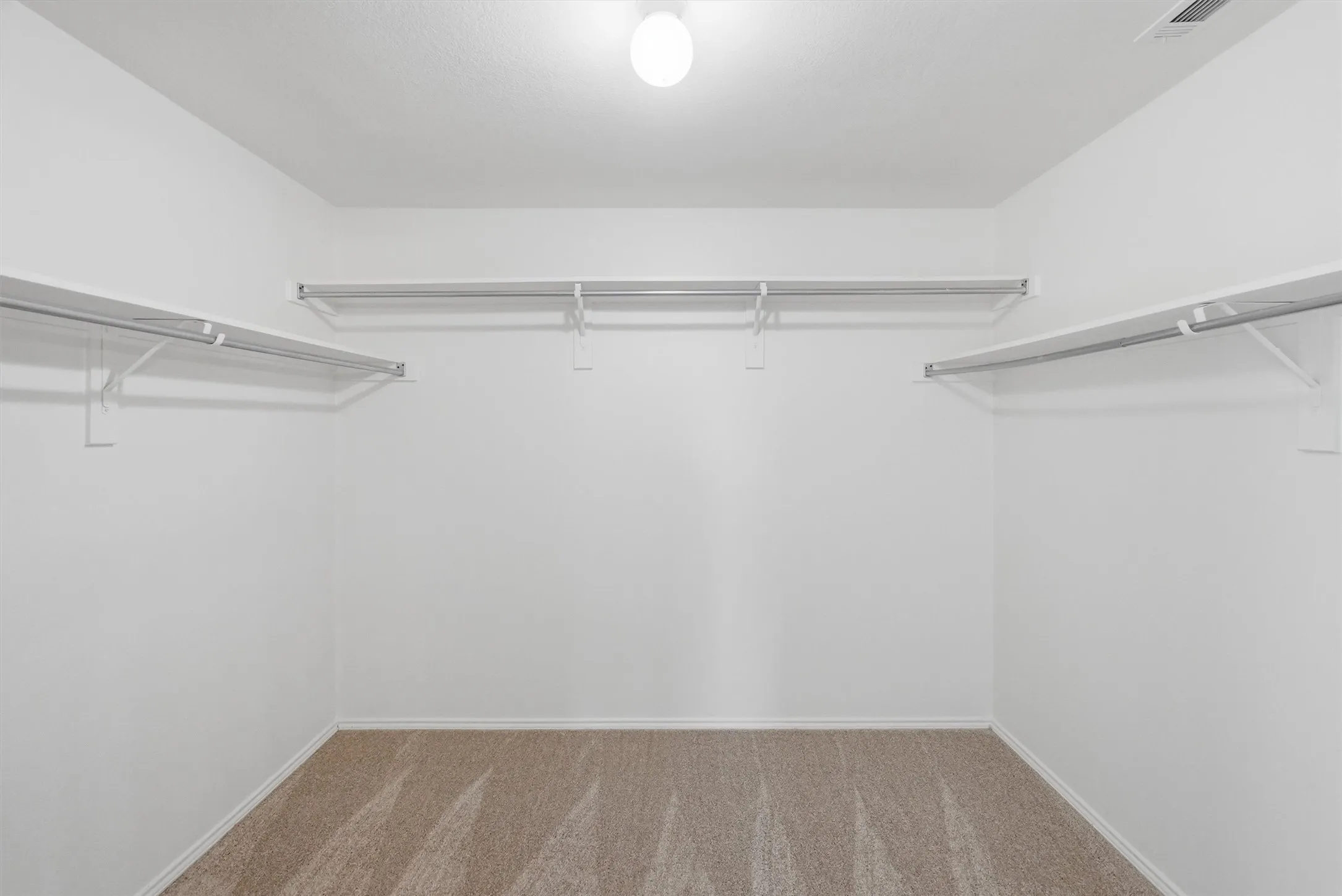 Neutral-toned carpeting, white walls, built-in shelving, and hanging rods