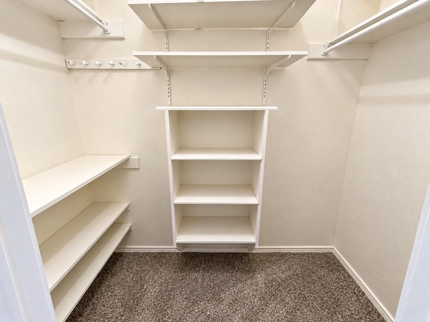 Walk-in closet with carpet flooring, built-in shelving, and hanging rods