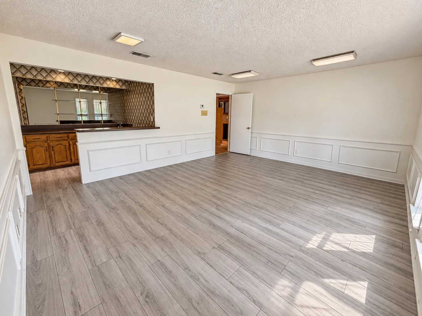 Wood-finish flooring, wainscoting, built-in wet bar with wood cabinetry, mirrored backsplash, and overhead lighting fixtures