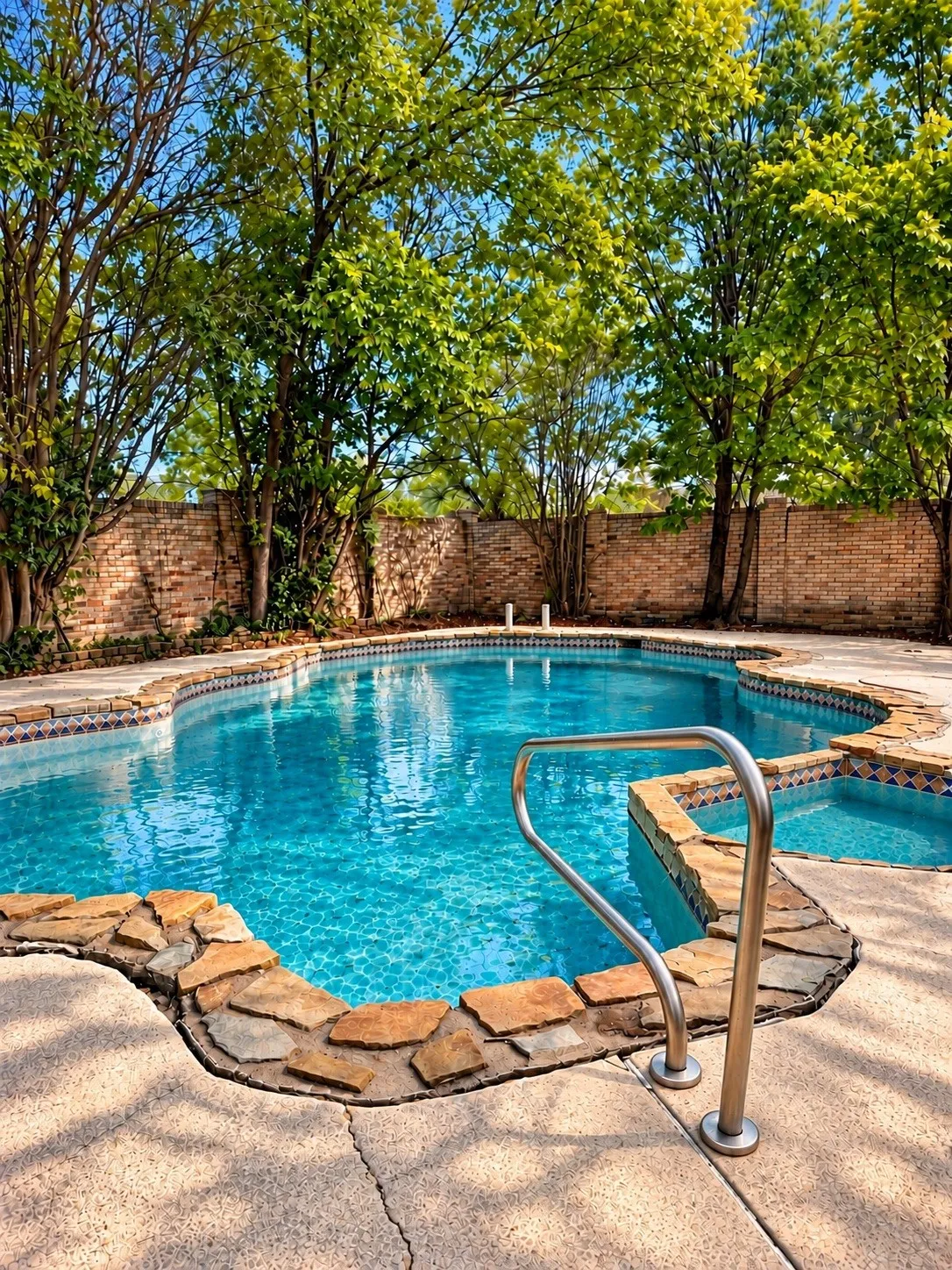 Irregularly shaped swimming pool featuring a stone coping, integrated spa, and stainless steel grab rail, surrounded by a concrete deck and mature trees