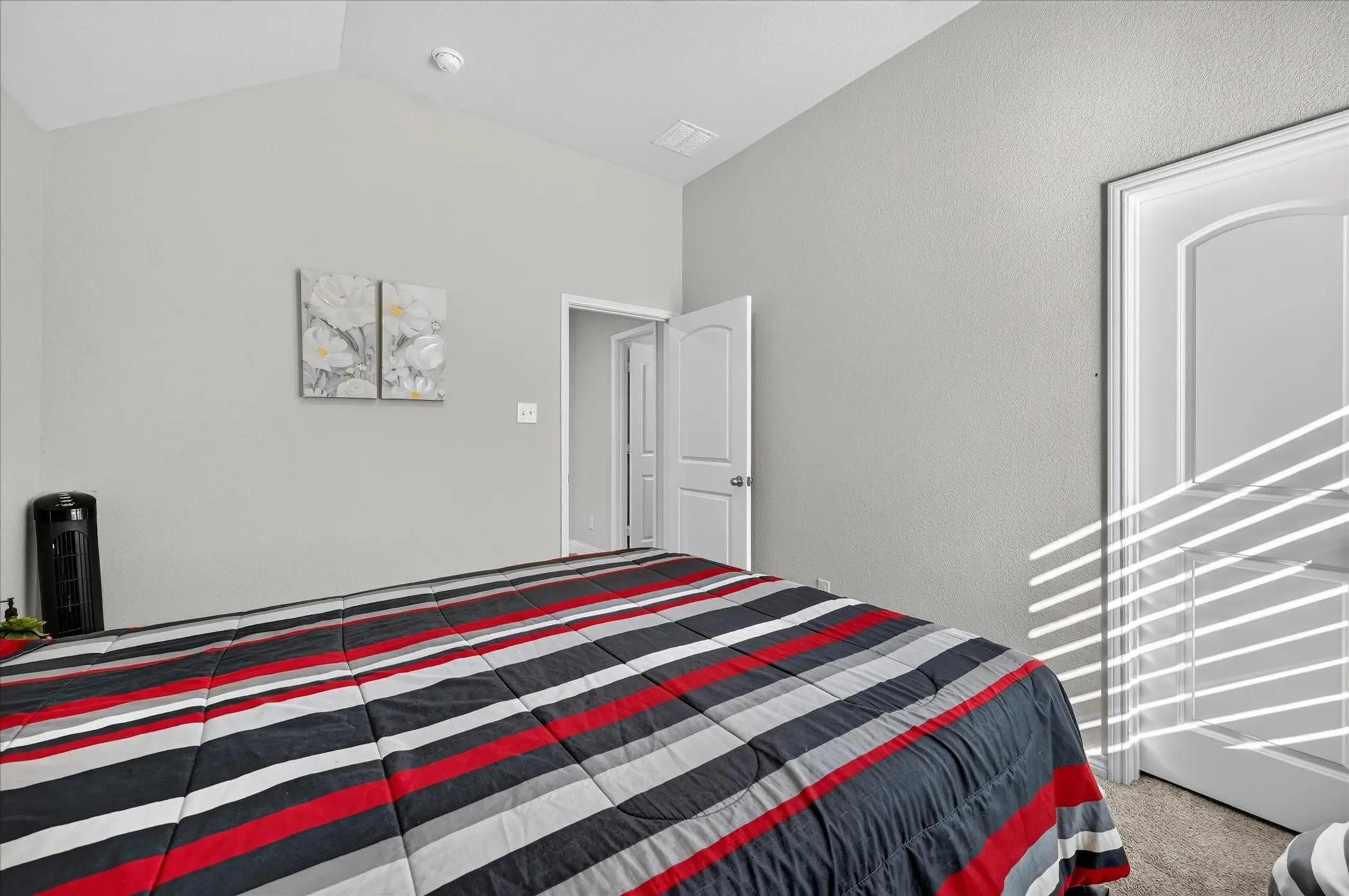 Vaulted ceiling, neutral wall tones, white interior doors, and carpet flooring
