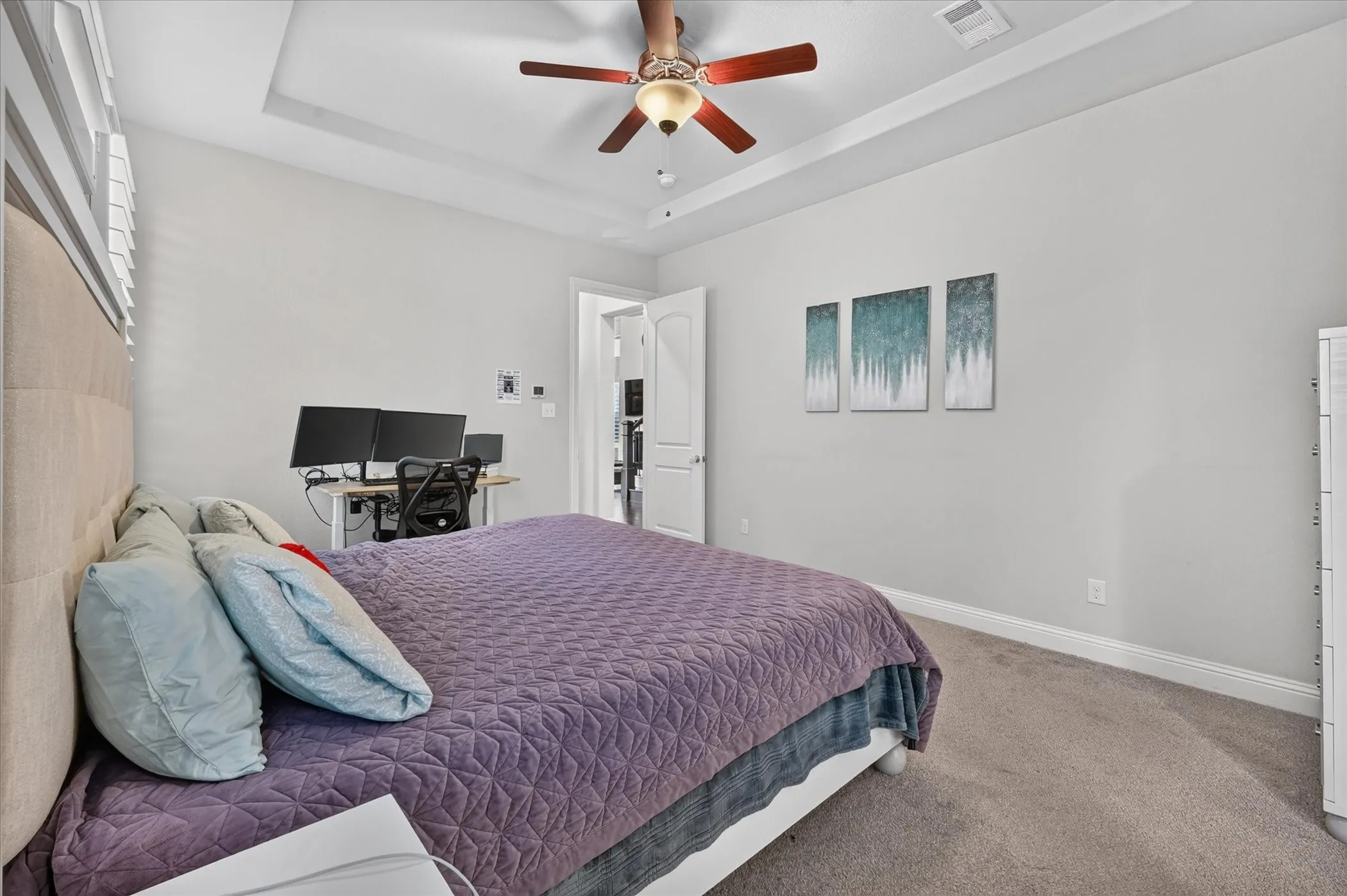 Tray ceiling with a ceiling fan, carpeted flooring, and white interior doors