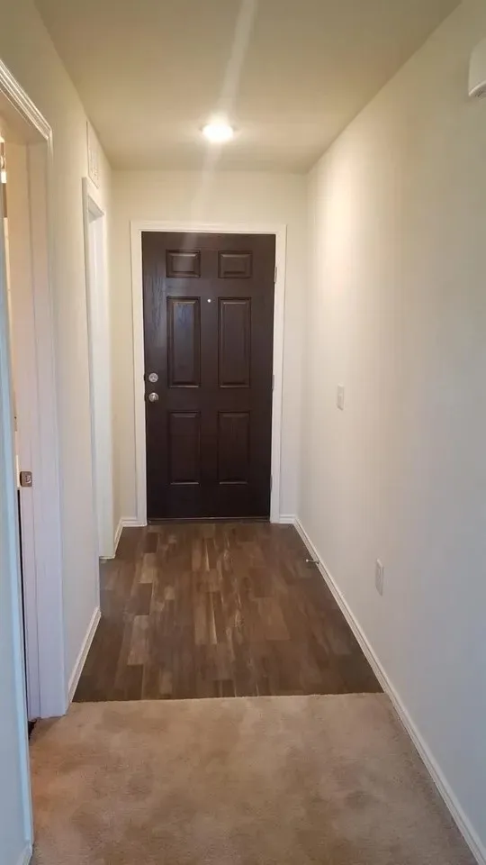 Entryway featuring a dark paneled door, wood-finish flooring, and recessed lighting