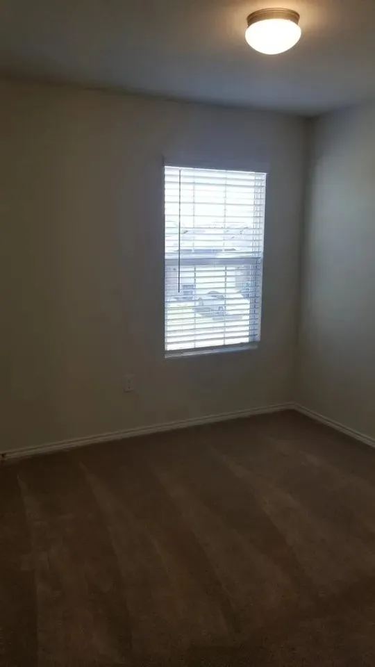 Neutral wall paint, window with blinds, flush-mount ceiling light, and wall-to-wall carpeting