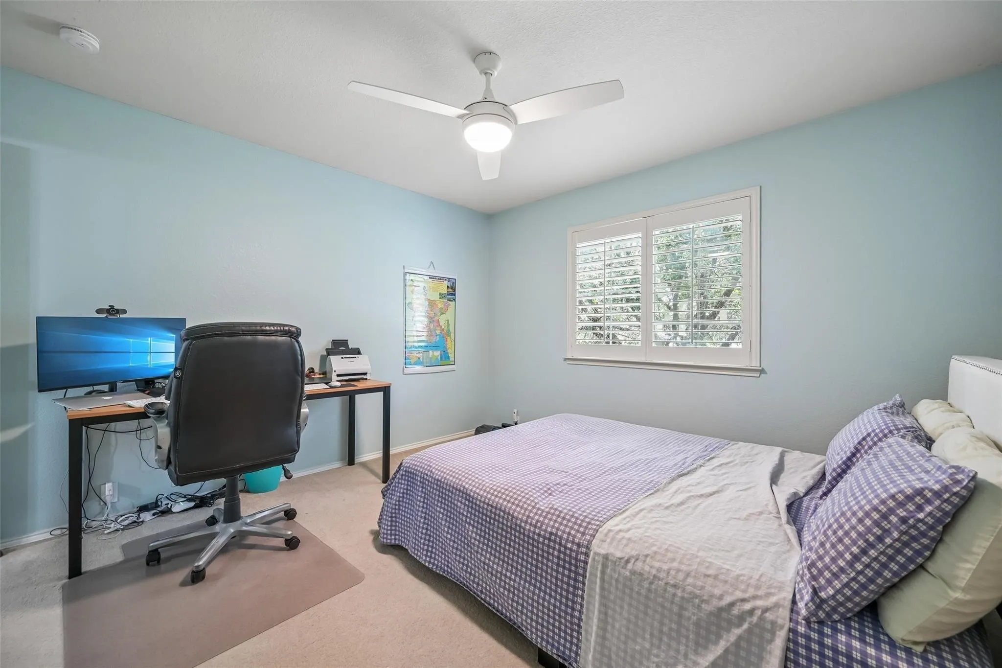 Recessed lighting, ceiling fan with light fixture, carpeted flooring, and white window shutters