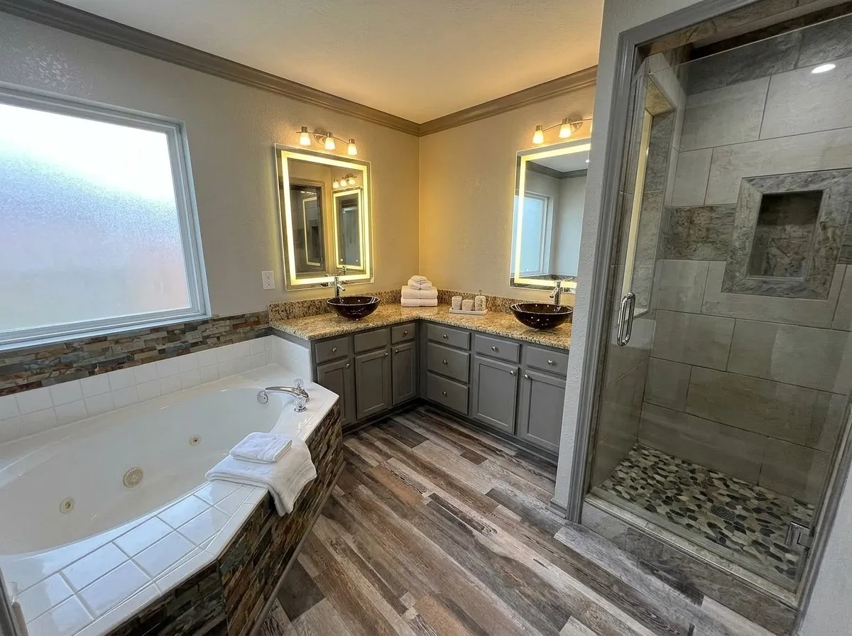 Dual vanity with vessel sinks, built-in soaking tub, walk-in shower with stone floor, wood-finish flooring, and frosted window