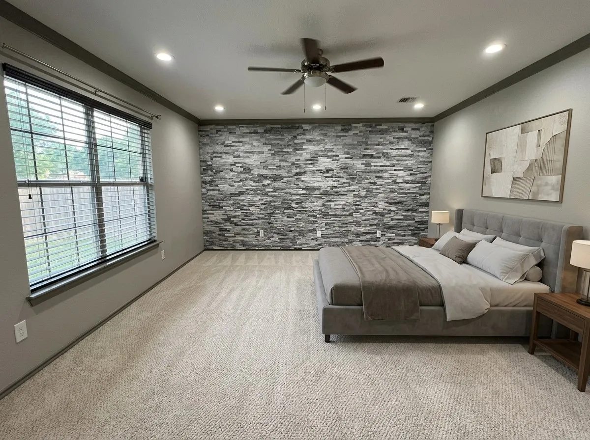 Recessed lighting, ceiling fan, and carpeted flooring