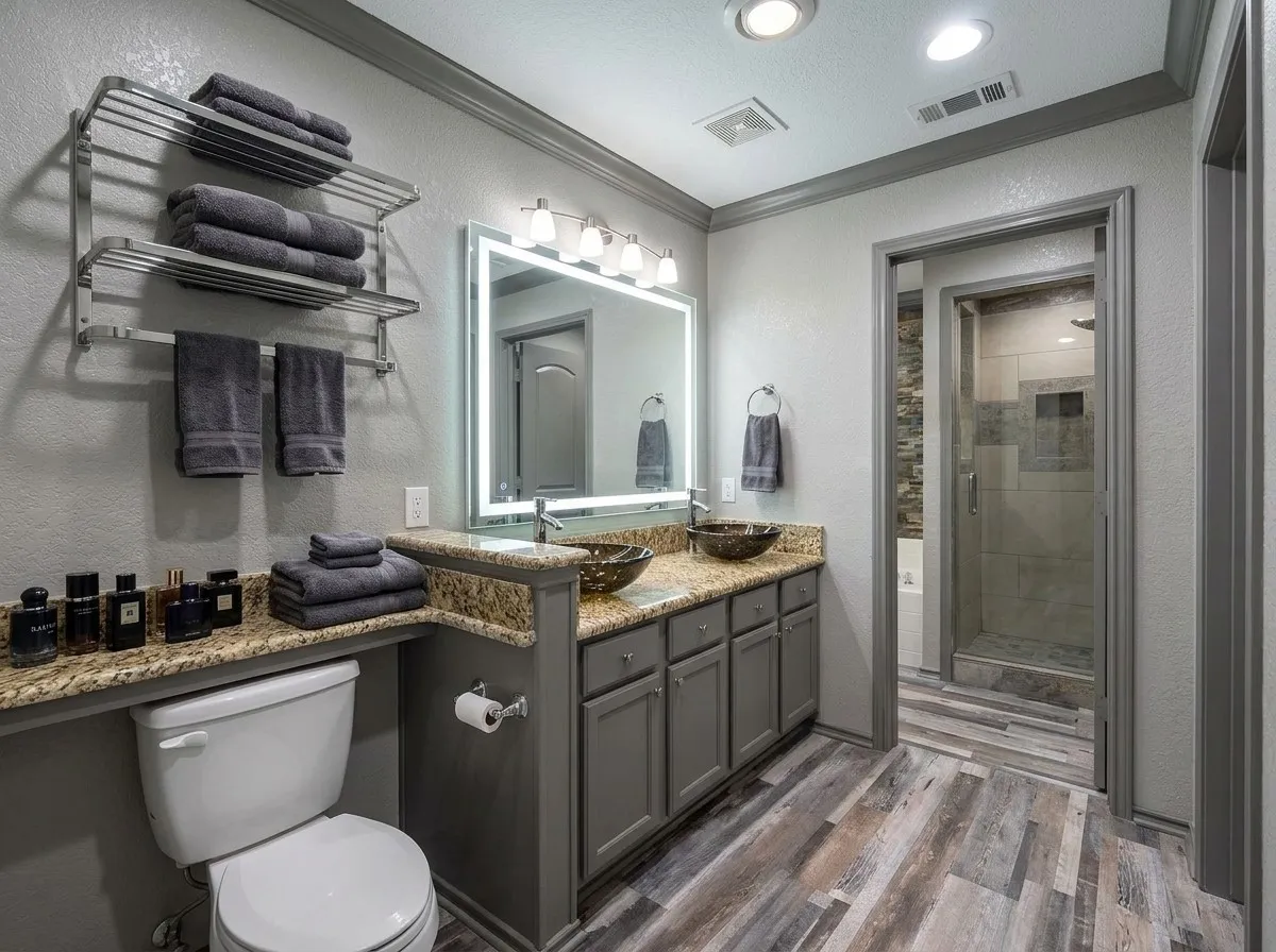 Dual vessel sinks, granite-look countertops, wood-finish flooring, built-in shelving, and a separate glass-enclosed shower