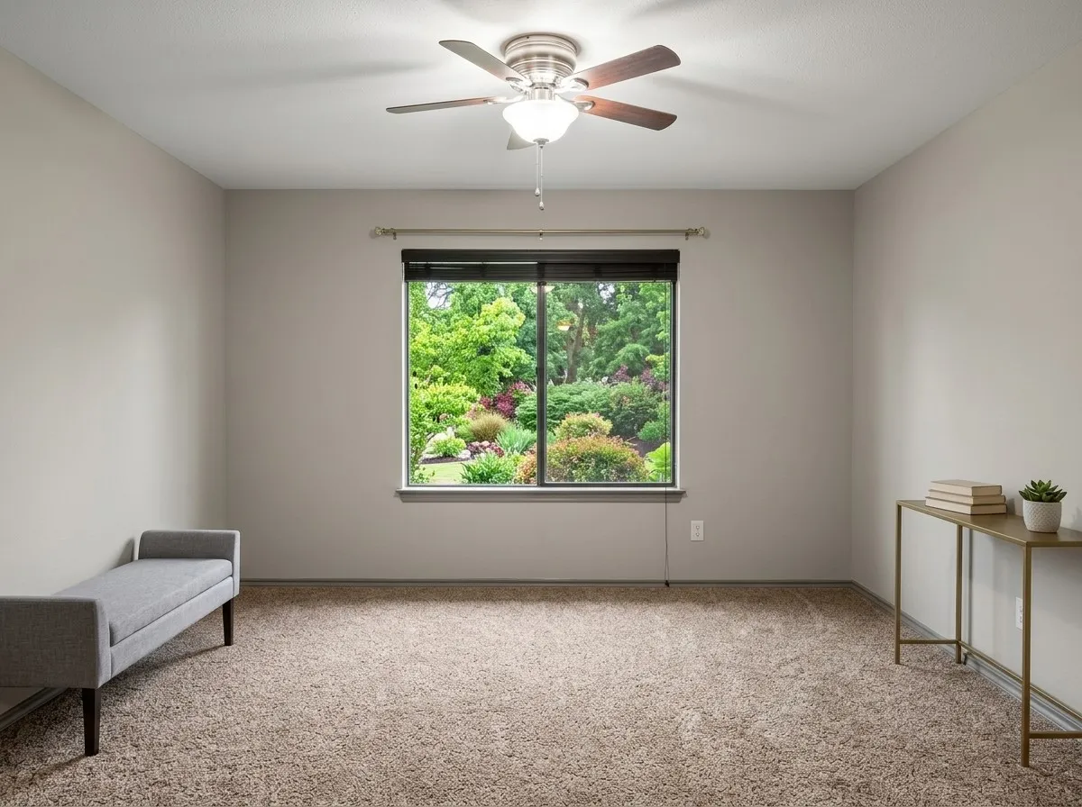 Plush carpet flooring, neutral wall tones, window with a lush green backdrop, and a ceiling fan with integrated lighting