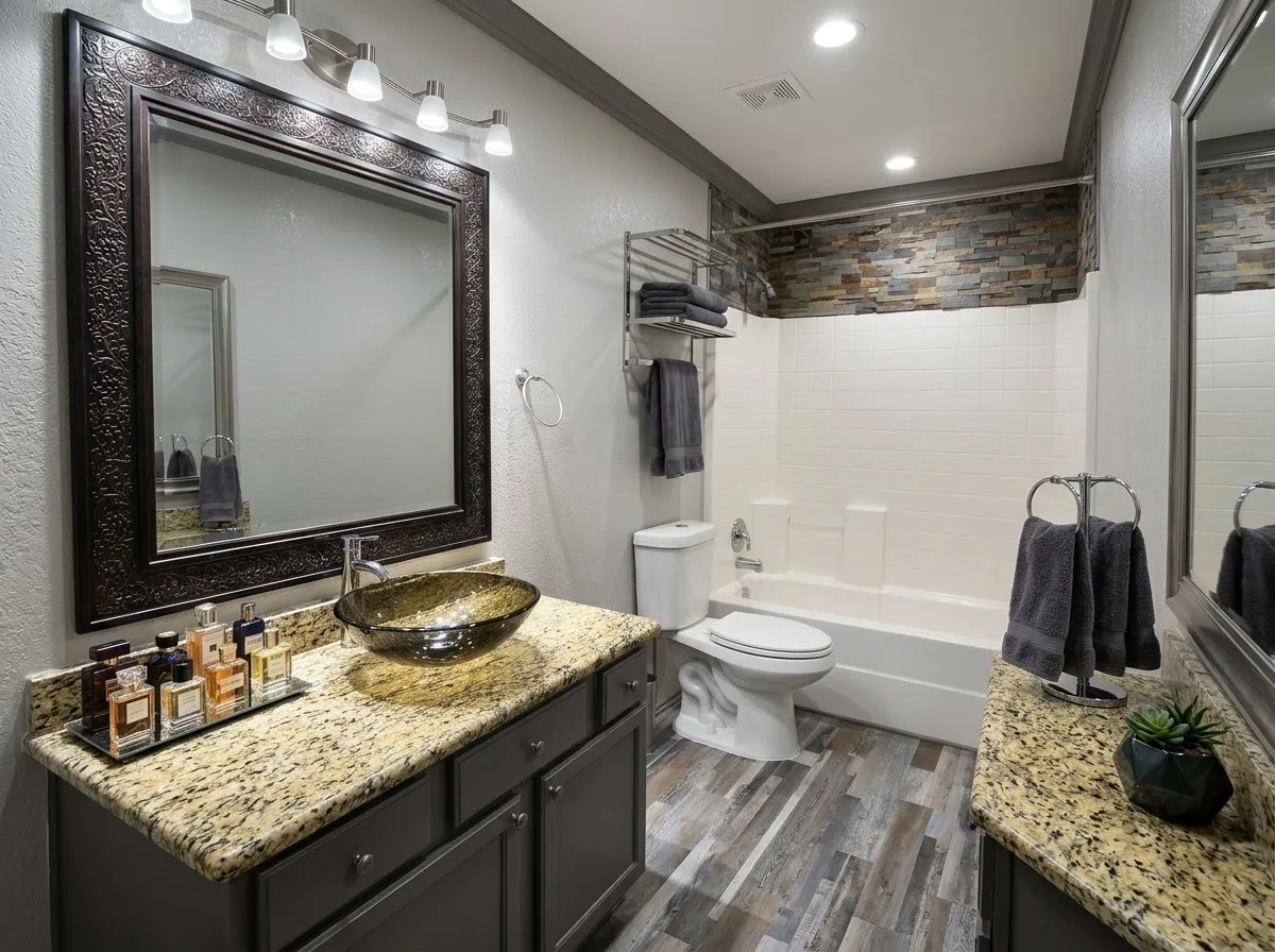 Wood-finish flooring, granite countertops, a vessel sink, a built-in tub with white subway tile surround, and a stacked stone accent wall