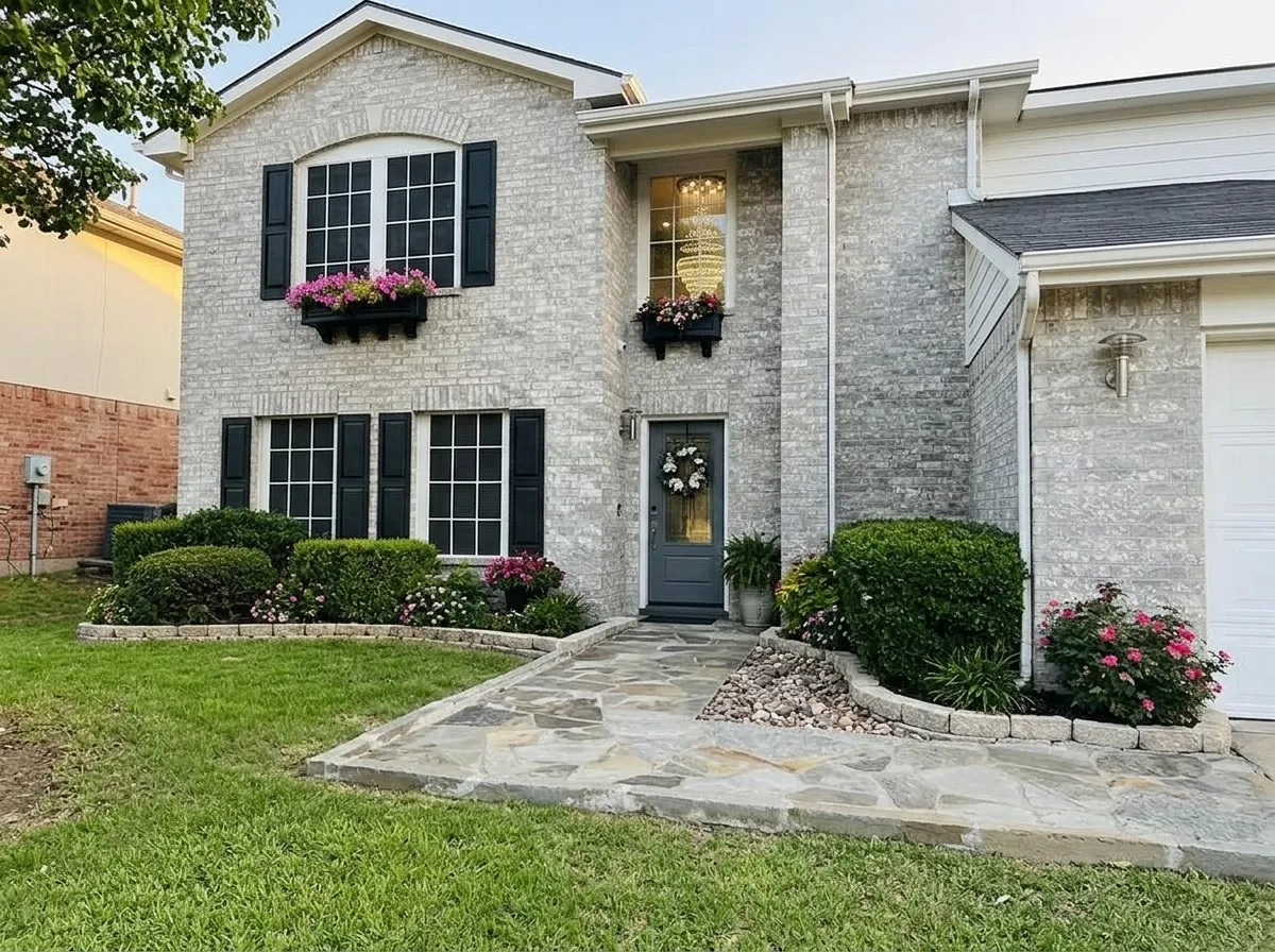 Two-story brick exterior with dark shutters, stone walkway, and established landscaping