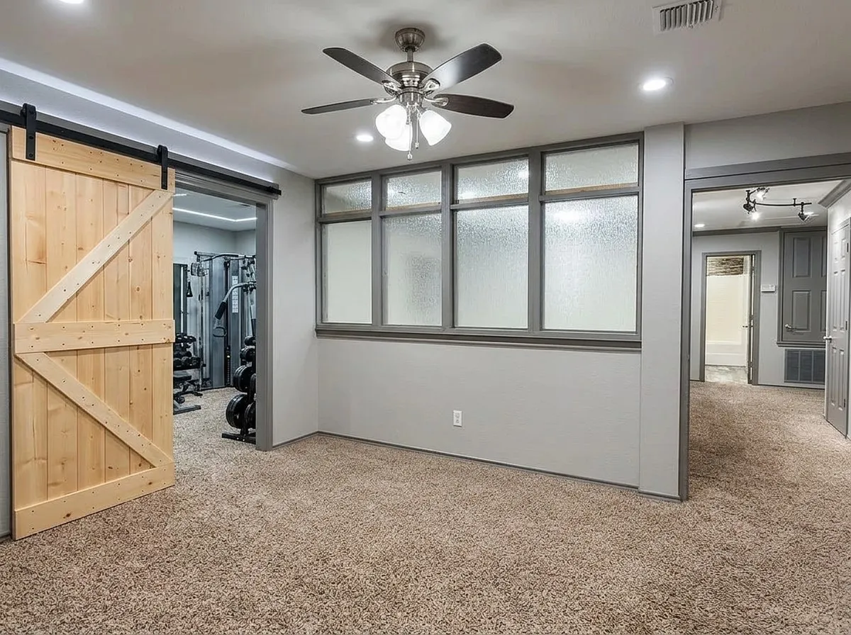 Carpeted room with a sliding barn door, ceiling fan with integrated lighting, recessed lighting, and a multi-pane window with textured glass