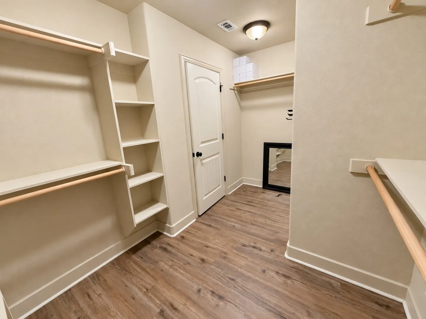 Walk-in closet featuring wood-finish flooring, built-in shelving, hanging rods, and a flush-mount light fixture