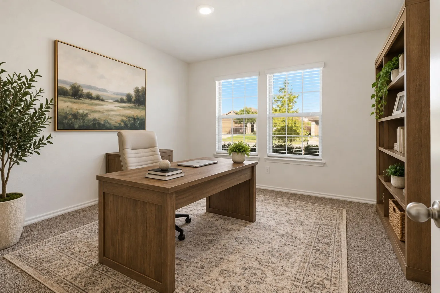 Virtually staged front bedroom can be used an an office.