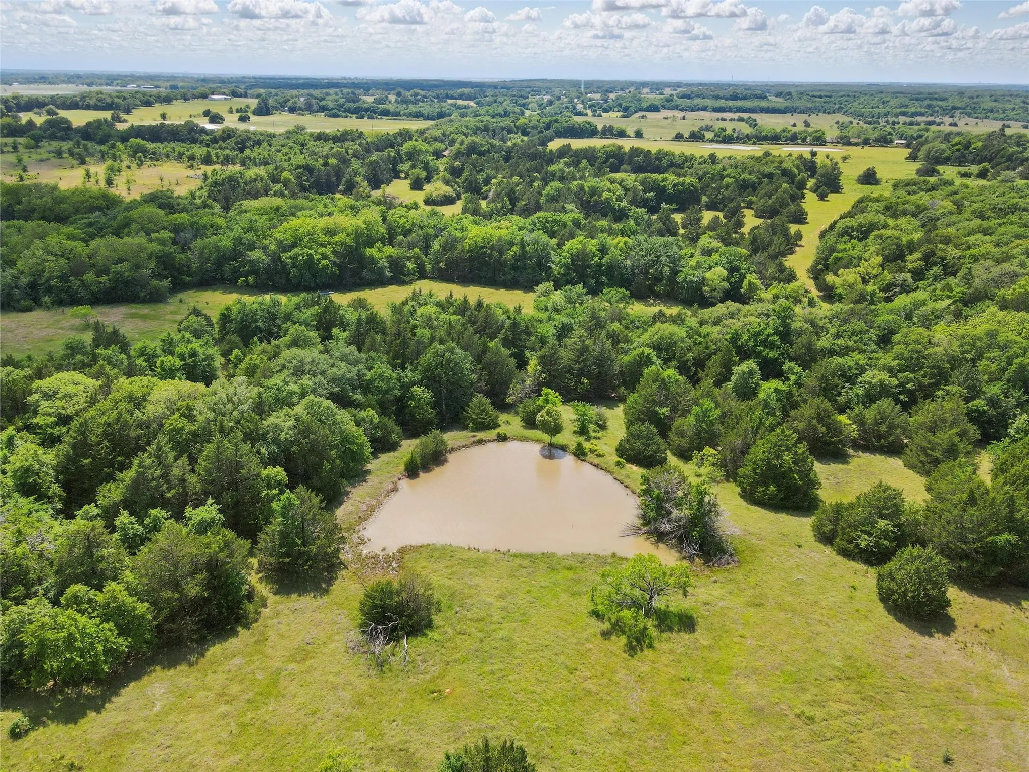 Expansive landscape featuring diverse tree coverage, open grassy areas, and a tranquil pond