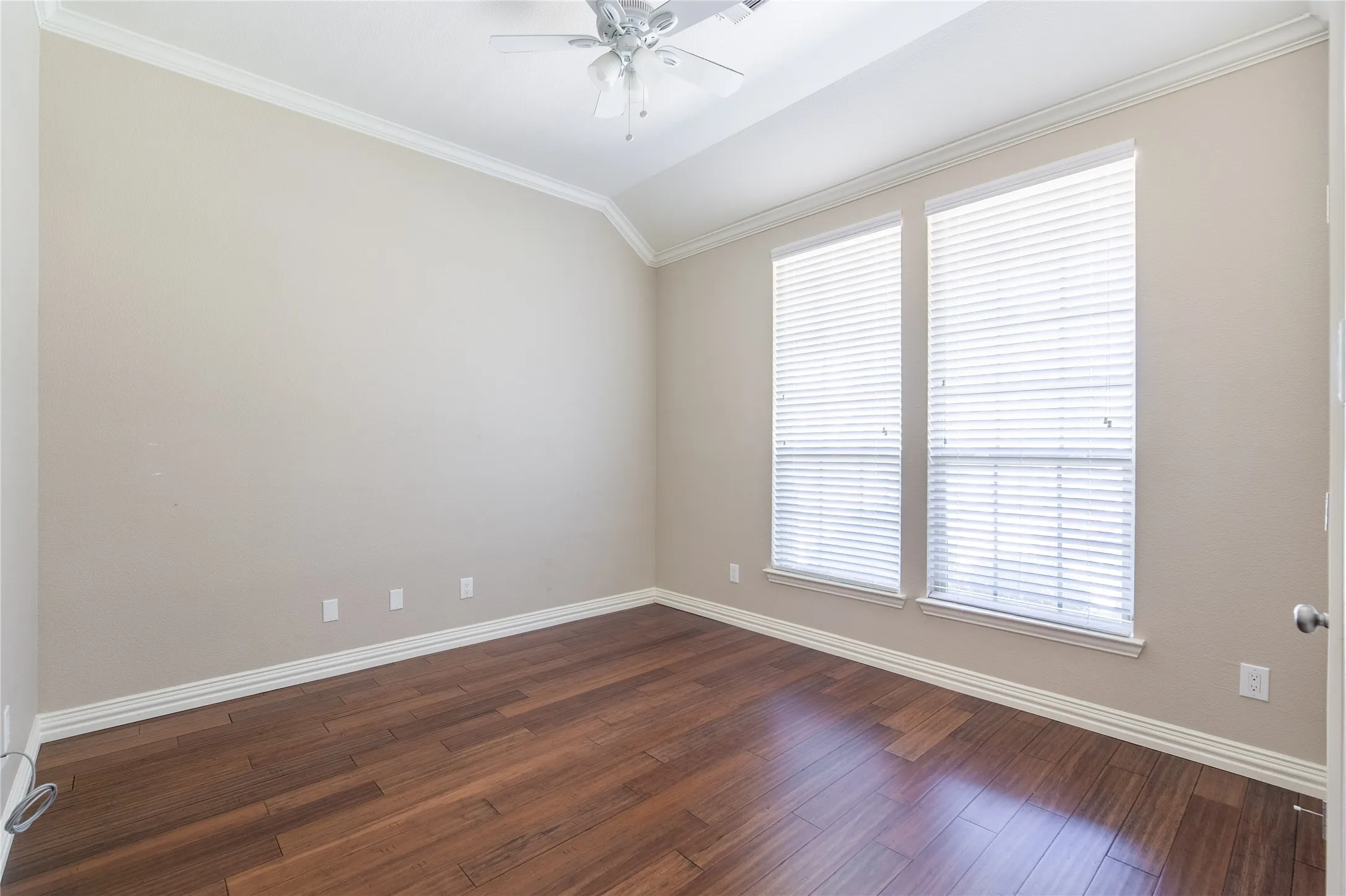 Vaulted ceiling with crown molding, two large windows with blinds, wood-finish flooring, and a ceiling fan